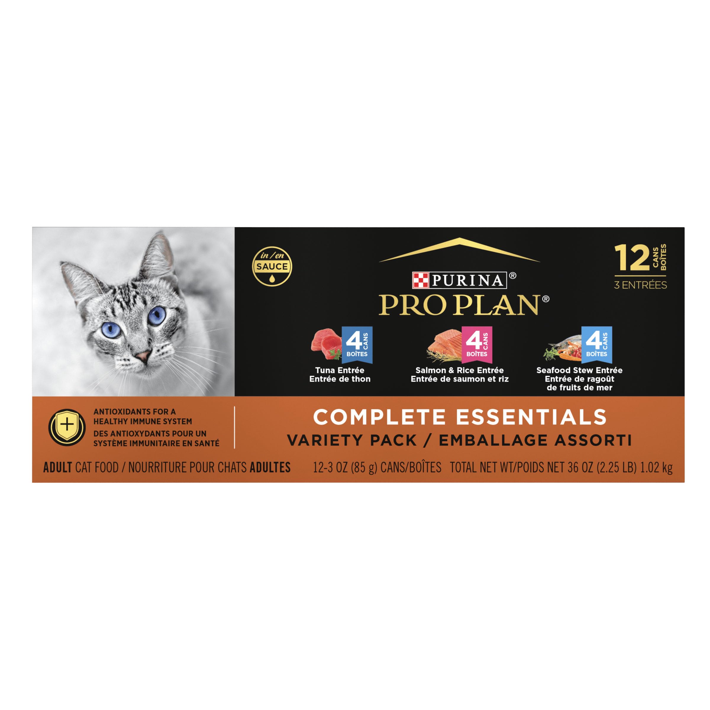 Purina Pro Plan High Protein Wet Cat Food Variety Pack, Complete Essentials Seafood Favorites - (2 Packs of 12) 3 oz. Cans