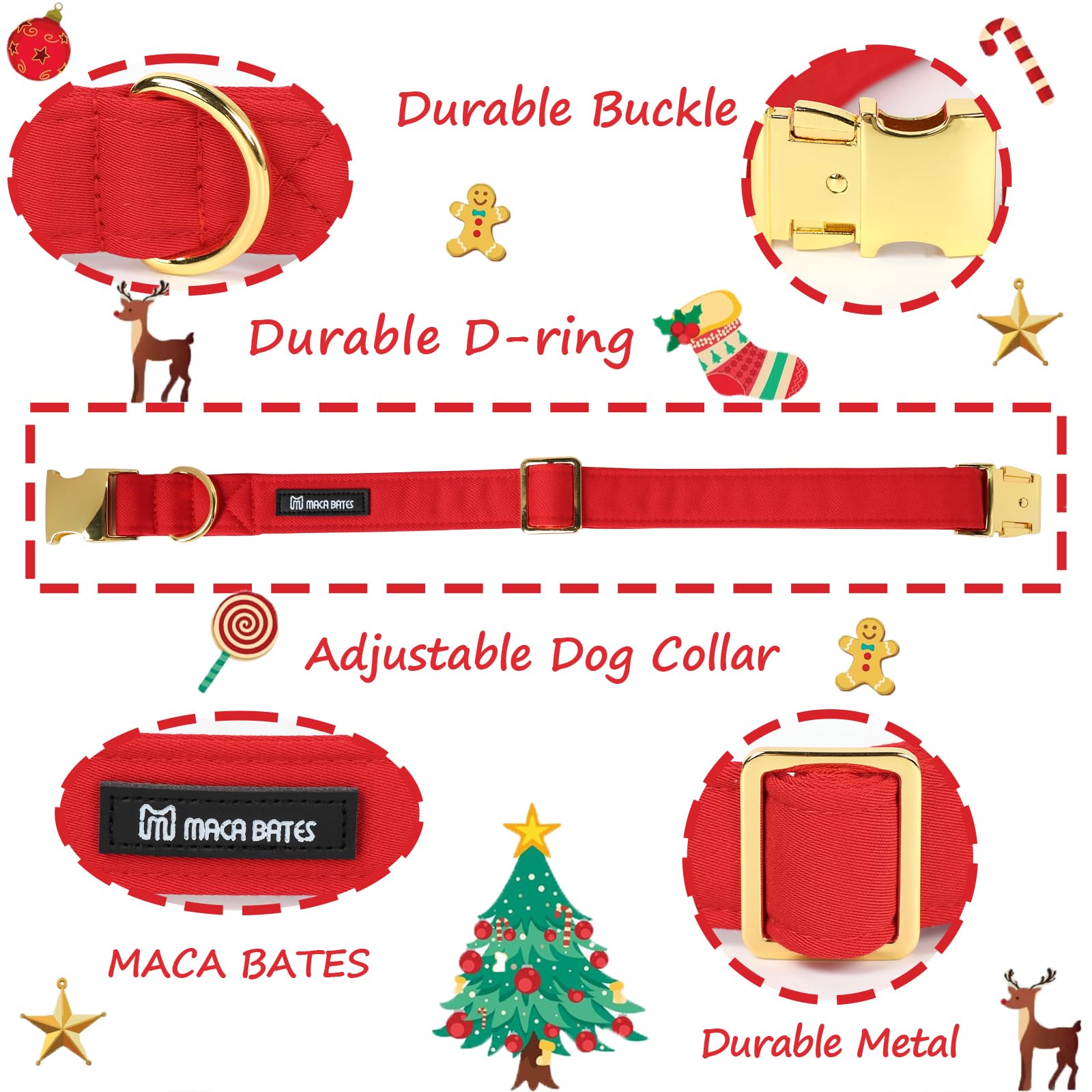 Maca Bates Christmas Collars For Dogs Cotton Soft Red Dog Collar With Metal Buckle Winter Dog Collar Adjustable For Small Medium