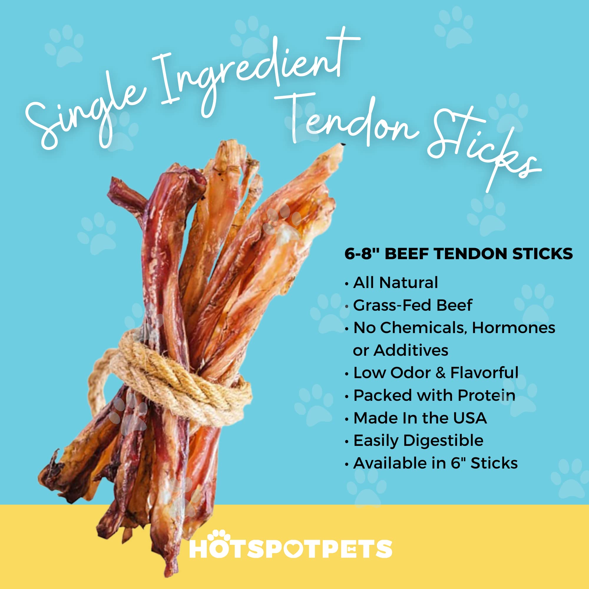 hotspot pets Beef Tendon Chews for Dogs - 8 Inch All Natural, Free-Range, Grass-Fed Premium USDA Gambrol Beef Tendon Stick Treat