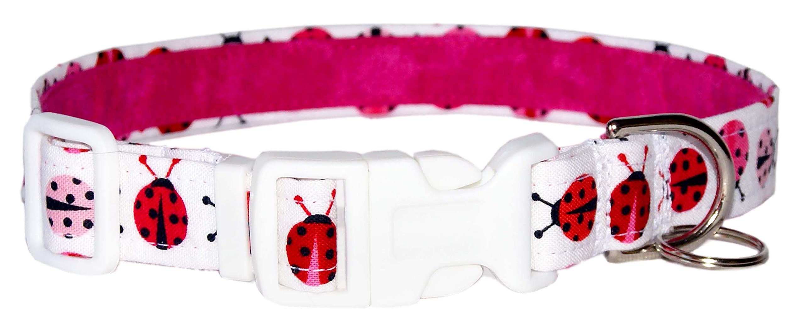 Ladybugs Dog Collar - Red And Pink Lady Bugs On White - 100% Cotton - 4 Sizes - 3/4 Inch Wide - Handmade By Green Acorn Kitchen