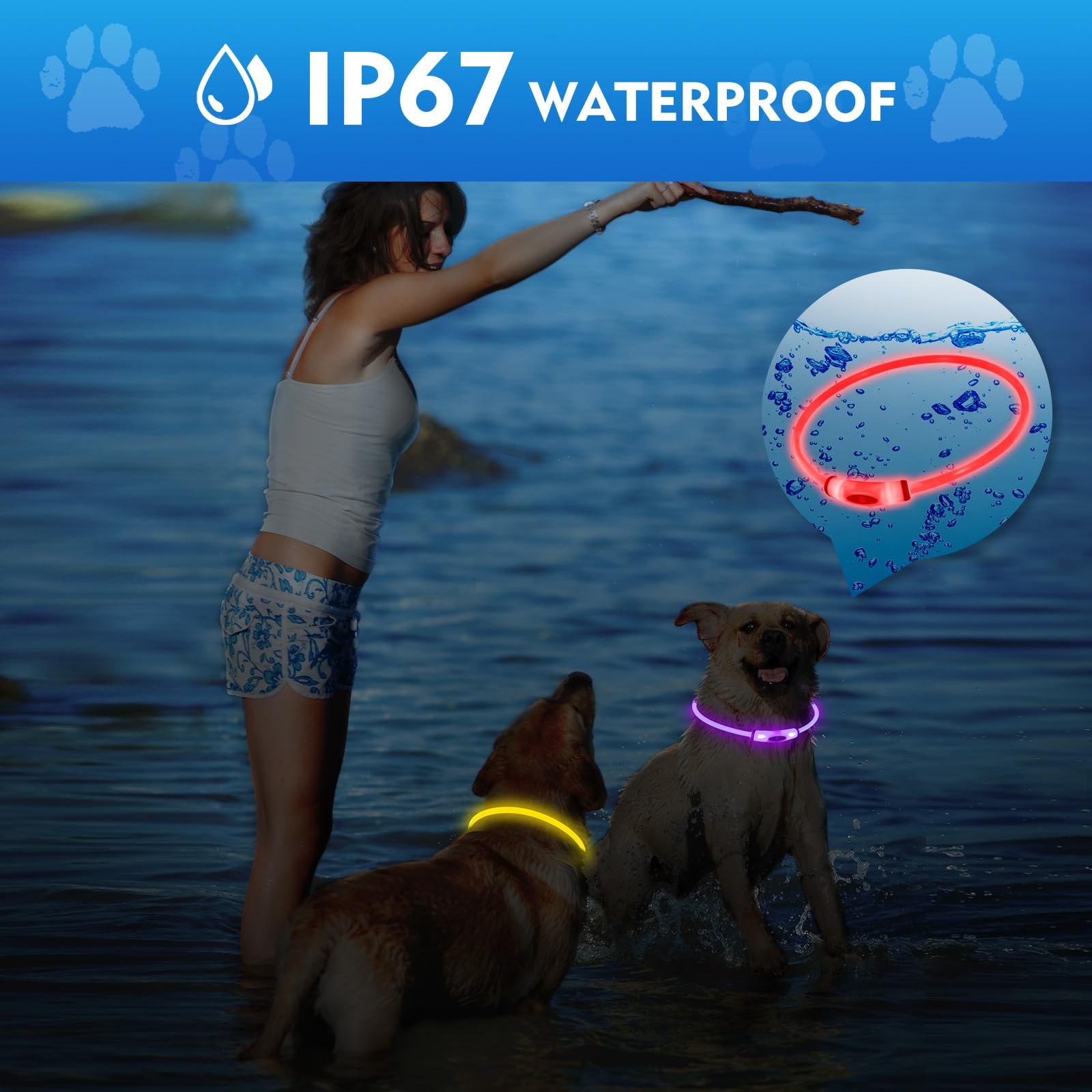 Novkin Lighted Dog Collar, Rechargeable 7 Colors Changing Light Up Dog Collar, Ip67 Waterproof Led Collar Glow In The Dark, Make