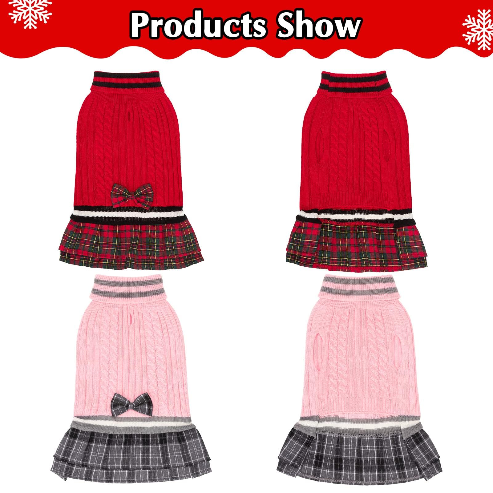 Pawchie Dog Sweater Dress With Bowtie - Dog Turtleneck Pullover Knitwear For Small Dogs Girls Cold Weather Sweater With Leash Ho