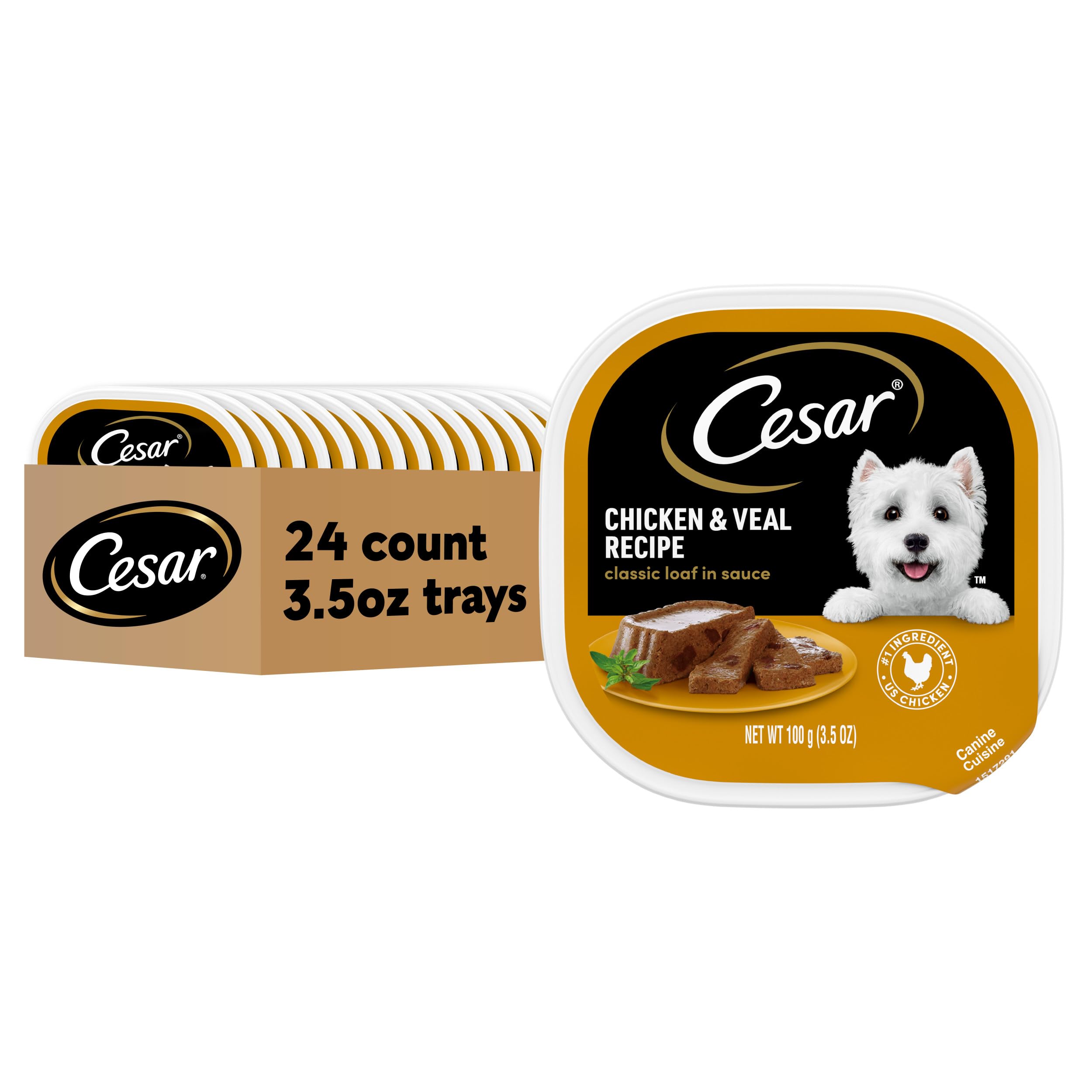 Cesar Wet Dog Food Classic Loaf in Sauce Chicken & Veal Recipe, 3.5 oz. Easy Peel Trays (24 Count, Pack of 1)