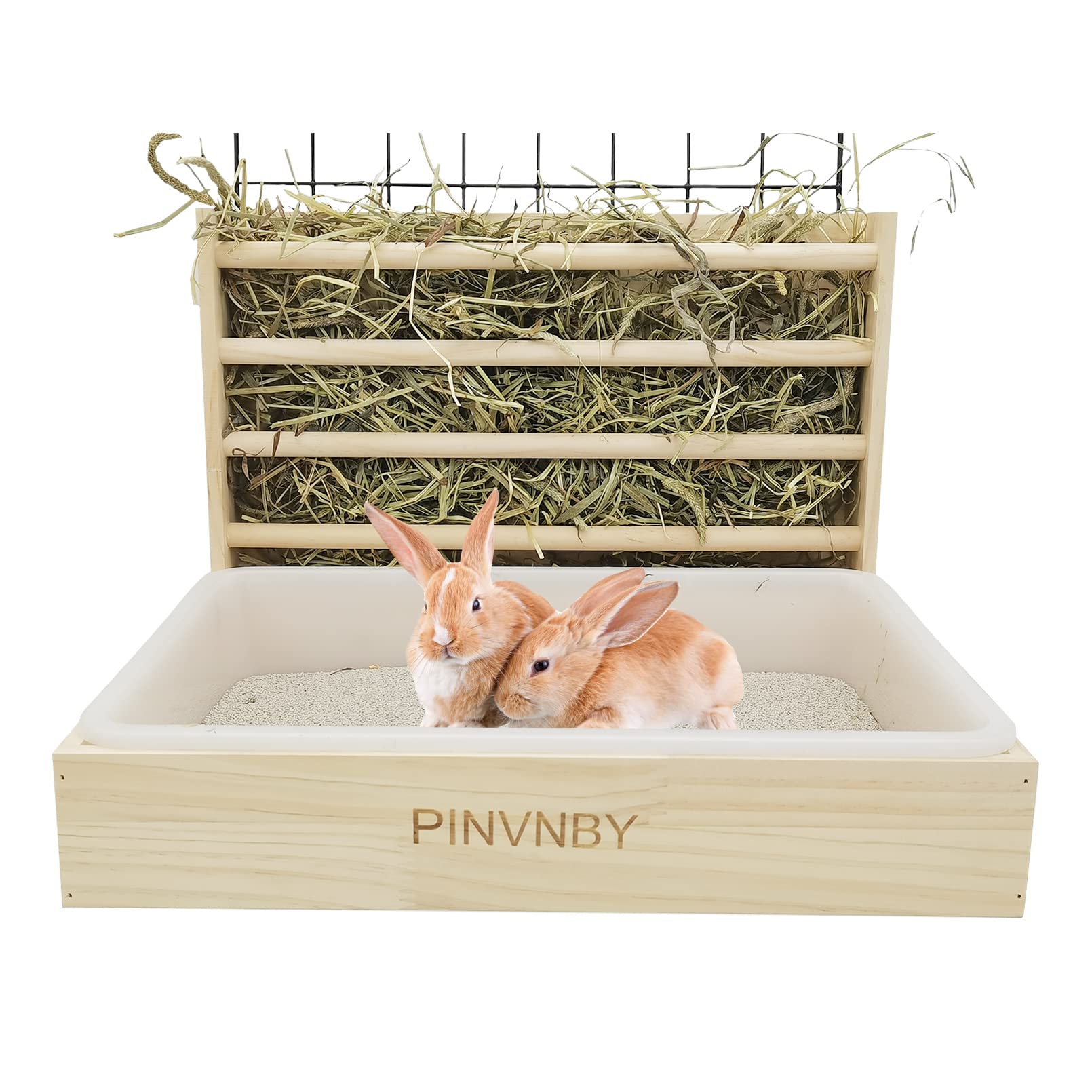 PINVNBY Bunny Hay Rack with Plastic Litter Box, Rabbit Grass Manger Holder, Guinea Pig Wooden Feeder and Toilet Set, Practical R