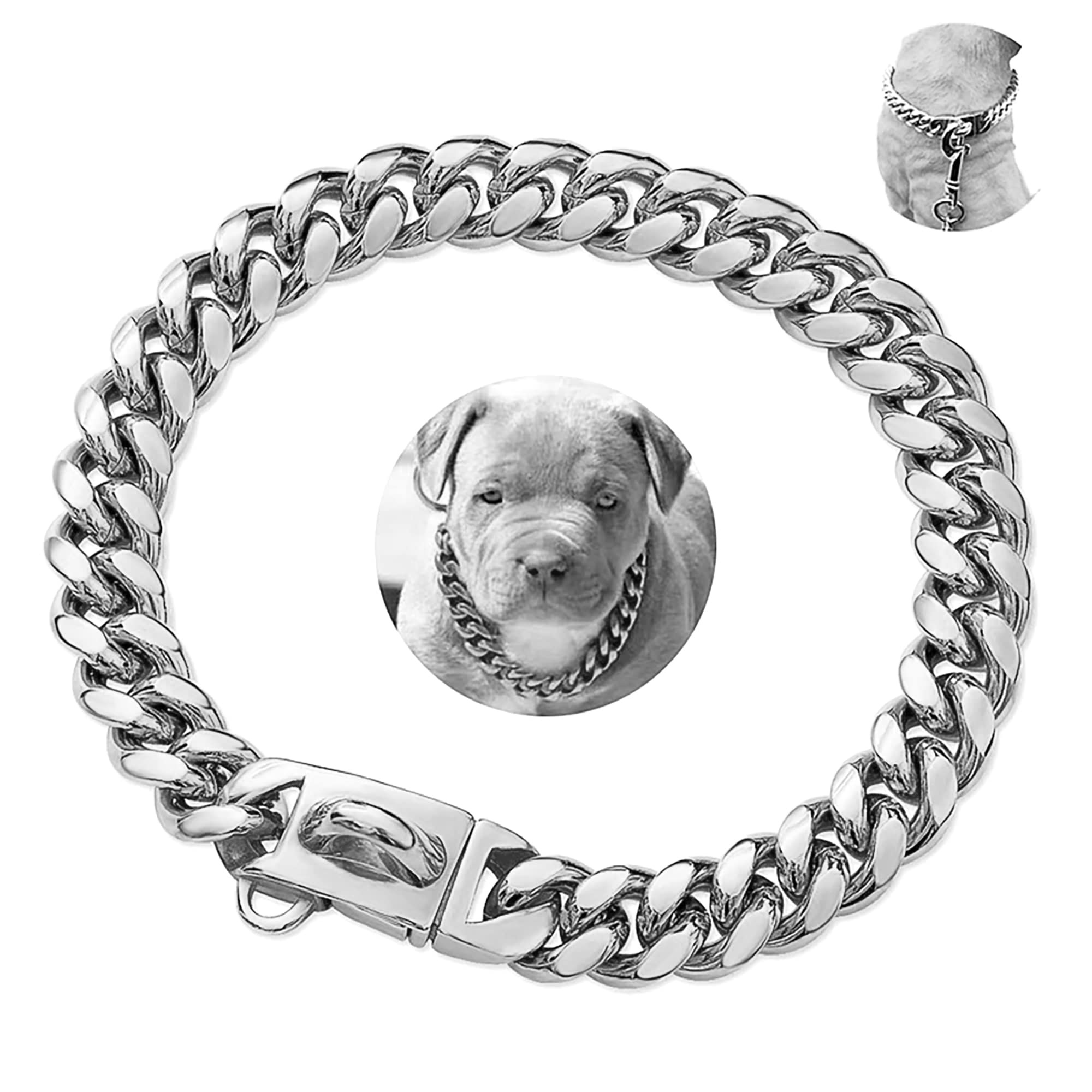 Baobote Gold Dog Chain Collar Walking Metal Chain Collar With Design Secure Buckle,14Mm Heavy Duty Cuban Link Chain Training Col
