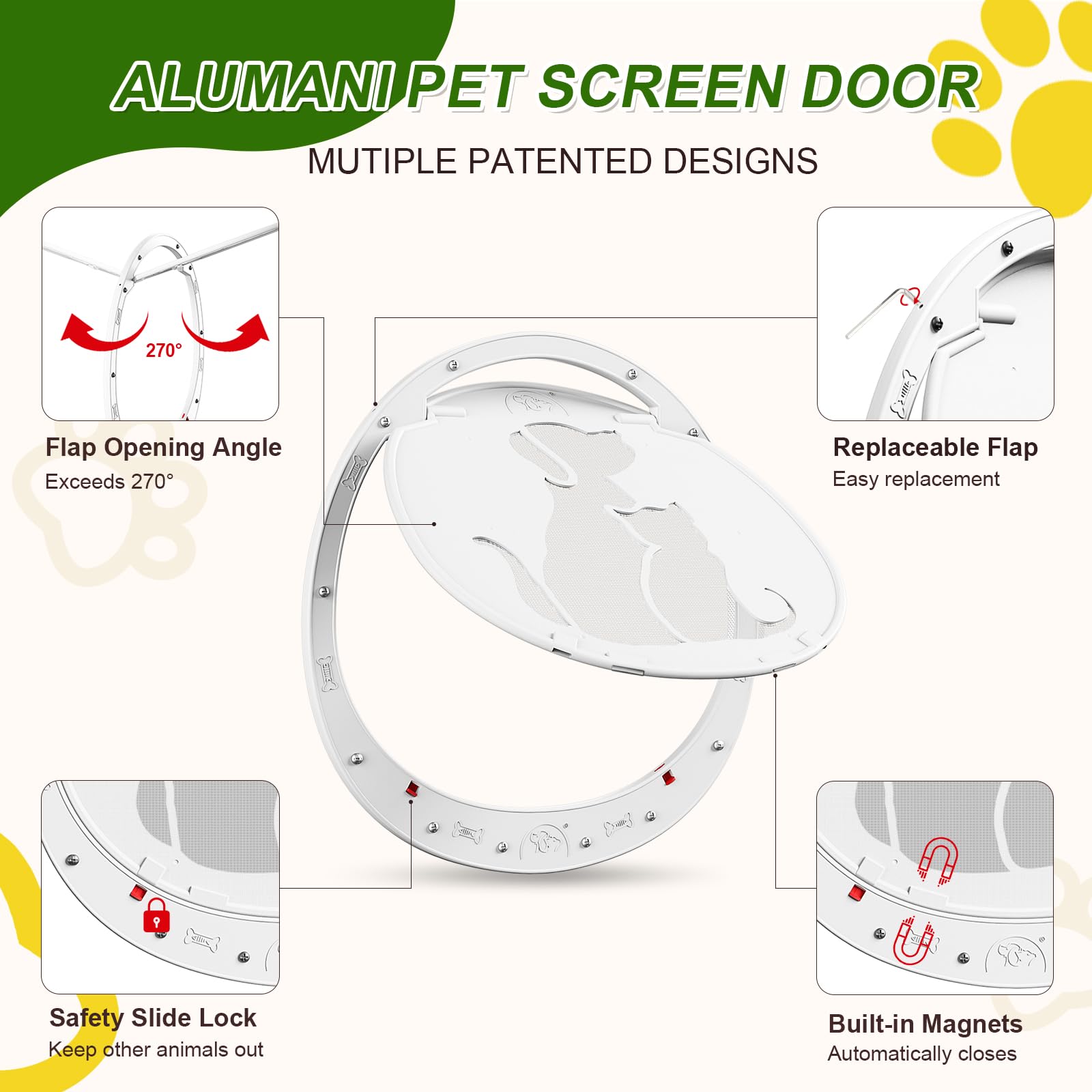 Alumani Dog Door For Screen Door, Dog Screen Door With Lockable Magnetic Flap, Anti-Mosquito Pet Door For Screen Window, White