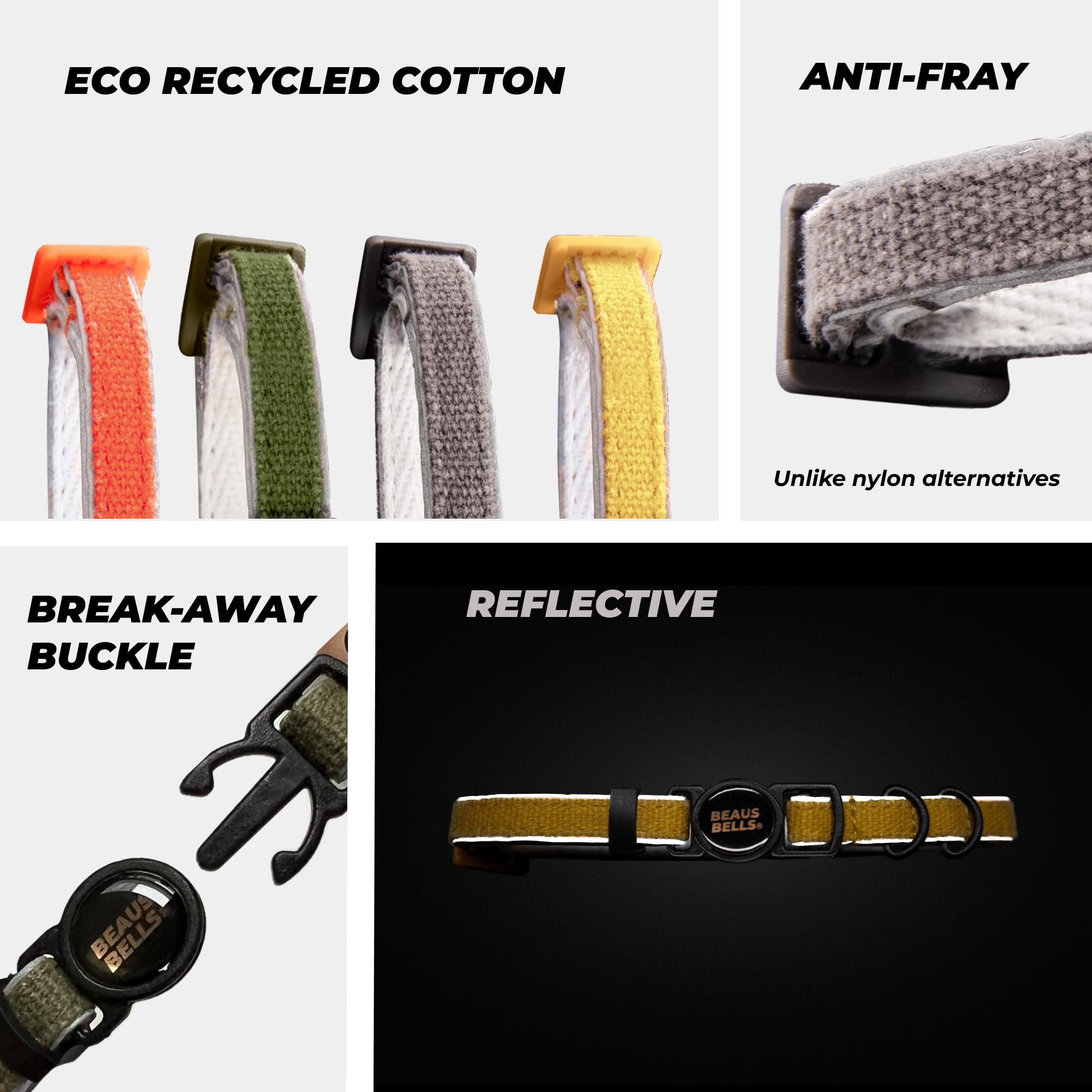 Beaus Bells - Recycled Cotton Cat Collar | Reflective, Anti-Fray, Water-Repellent, Breakaway Buckle (Graphite, Collar)