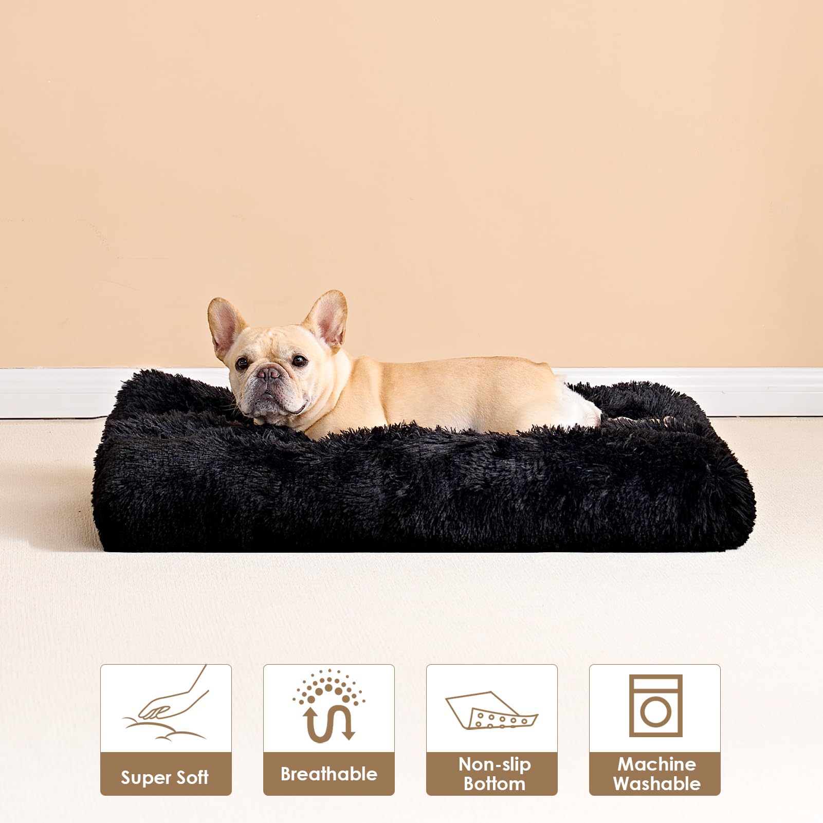 Eheyciga Fluffy Dog Crate Bed For Medium Dogs, Plush Faux Fur Dog Crate Pad, Calming Anti Anxiety Medium Dog Bed For Crate, Washable Soft Warm Dog Crate Mat With Non-Slip Bottom, Black