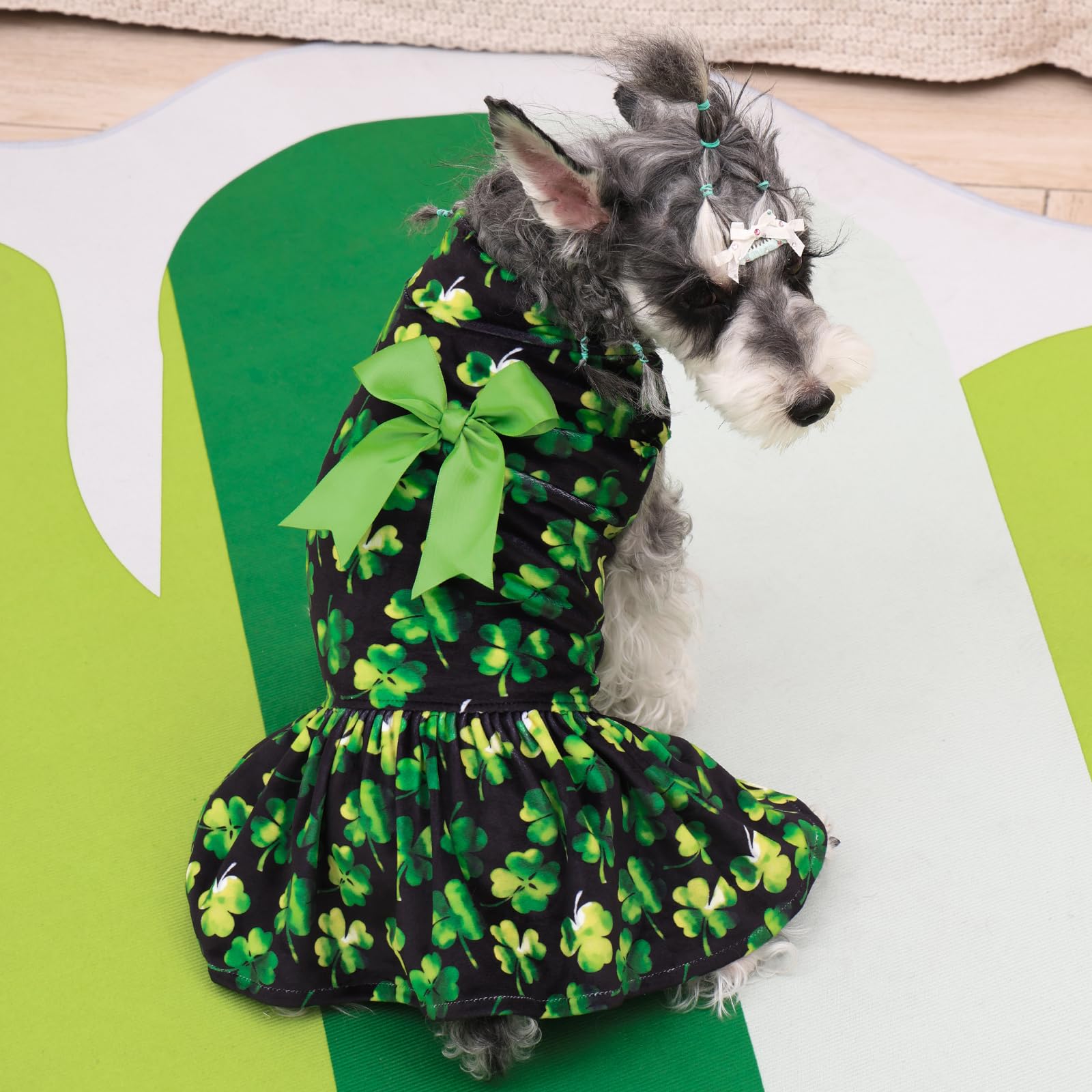 Cutebone Turtleneck Dog Velvet Dress St. Patrick'S Day Four Leaf Clover Puppy Skirt Costume Pet Clothes Cat Apparel With Bow Hai