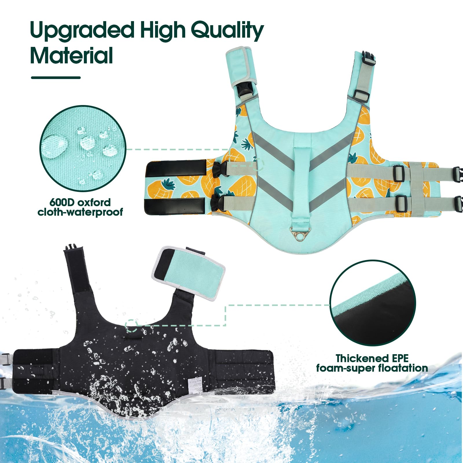 Kuoser Pineapple Small Dog Life Jacket, High Flotation, Reflective, Adjustable, Nylon, Xs, S (Chest Girth: 16.9-21.3')