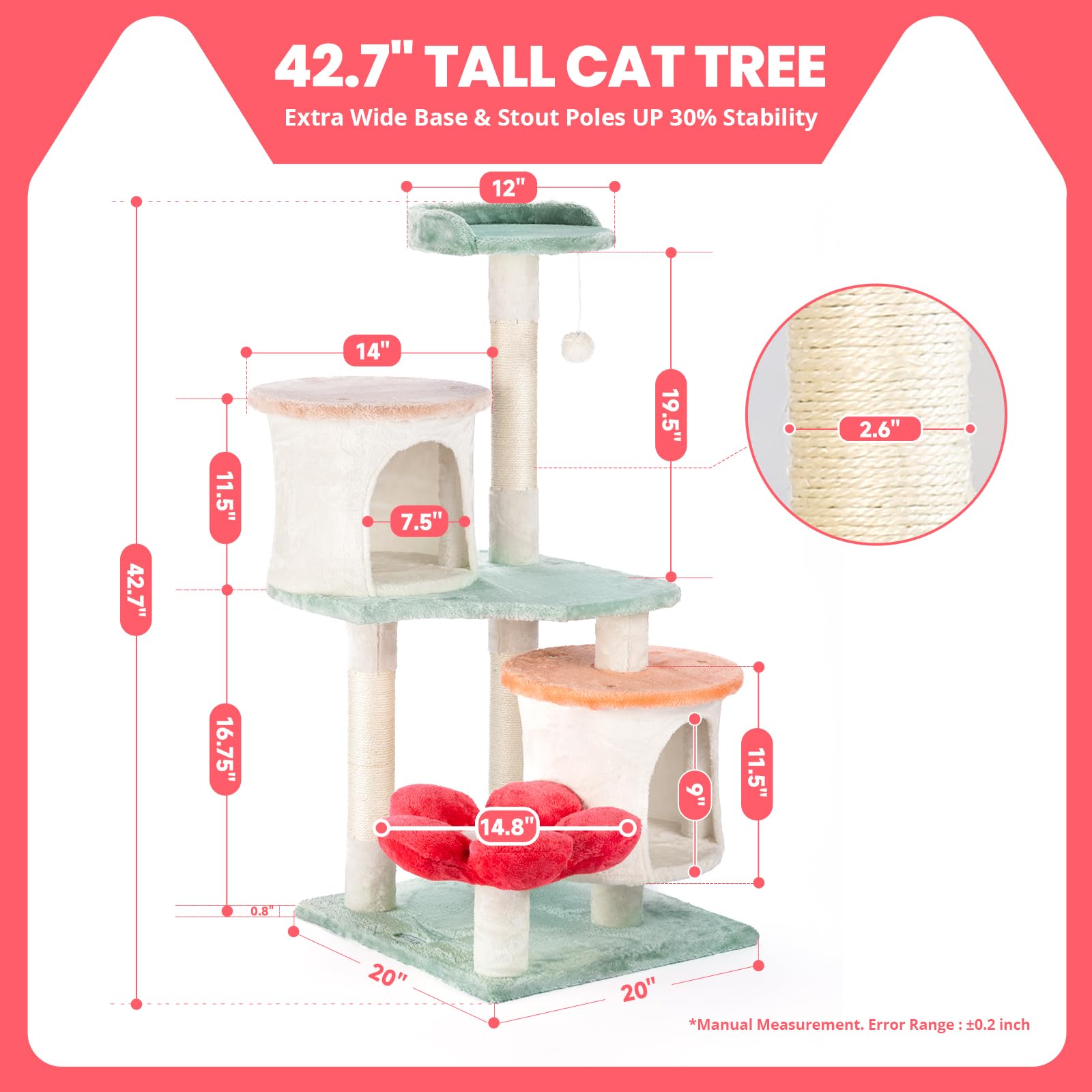 HYABI Flower Cat Tree Tower Condo - 42.7" Multi-Level Plush Habitat with Scratch Posts & Toy Ball for Indoor Cats, Model HB-22023