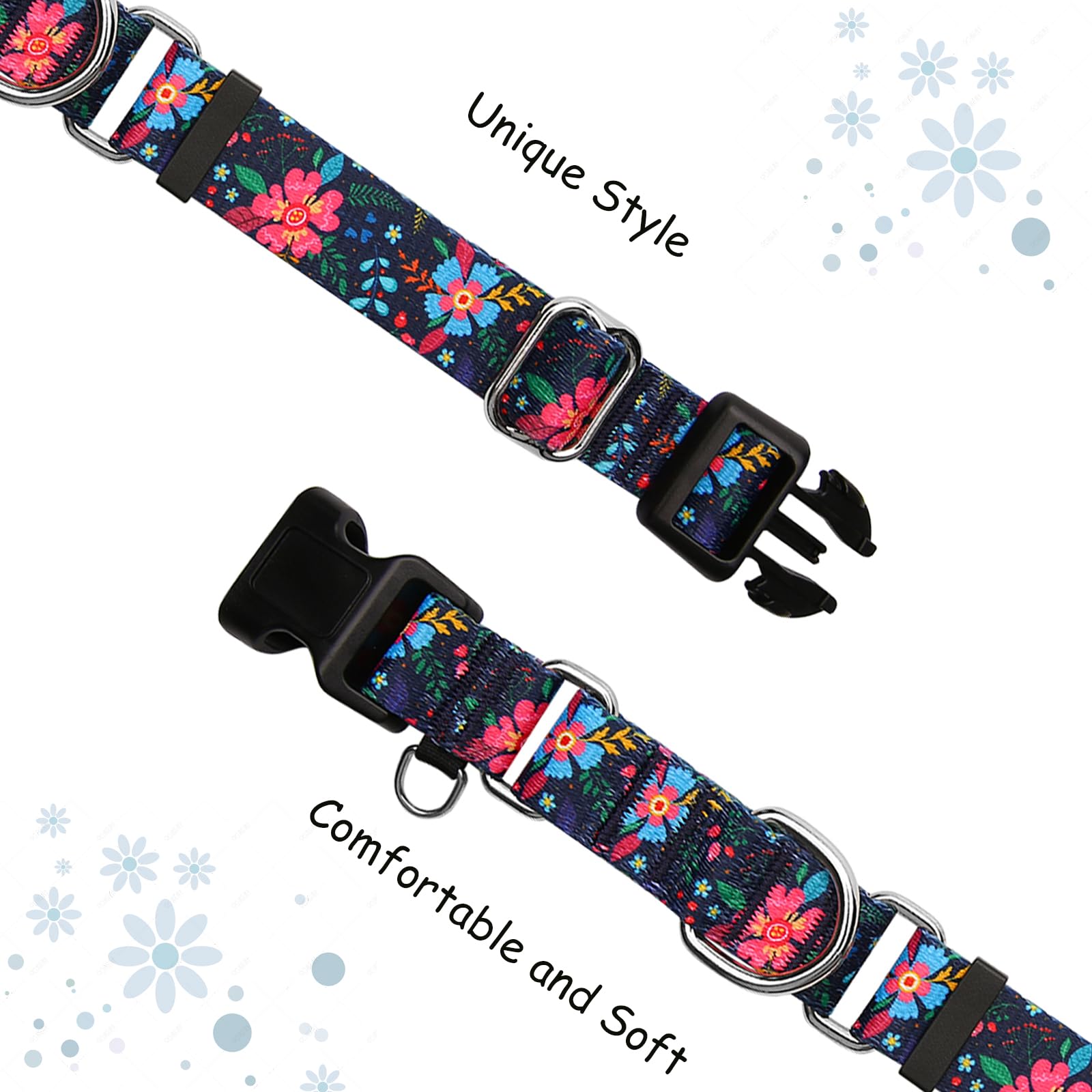 Fidohug Slip Collar for Dogs Martingale Collar with Buckle Floral Adjustable Soft Nylon Dog Collars (Blue Pink Flower, Large)