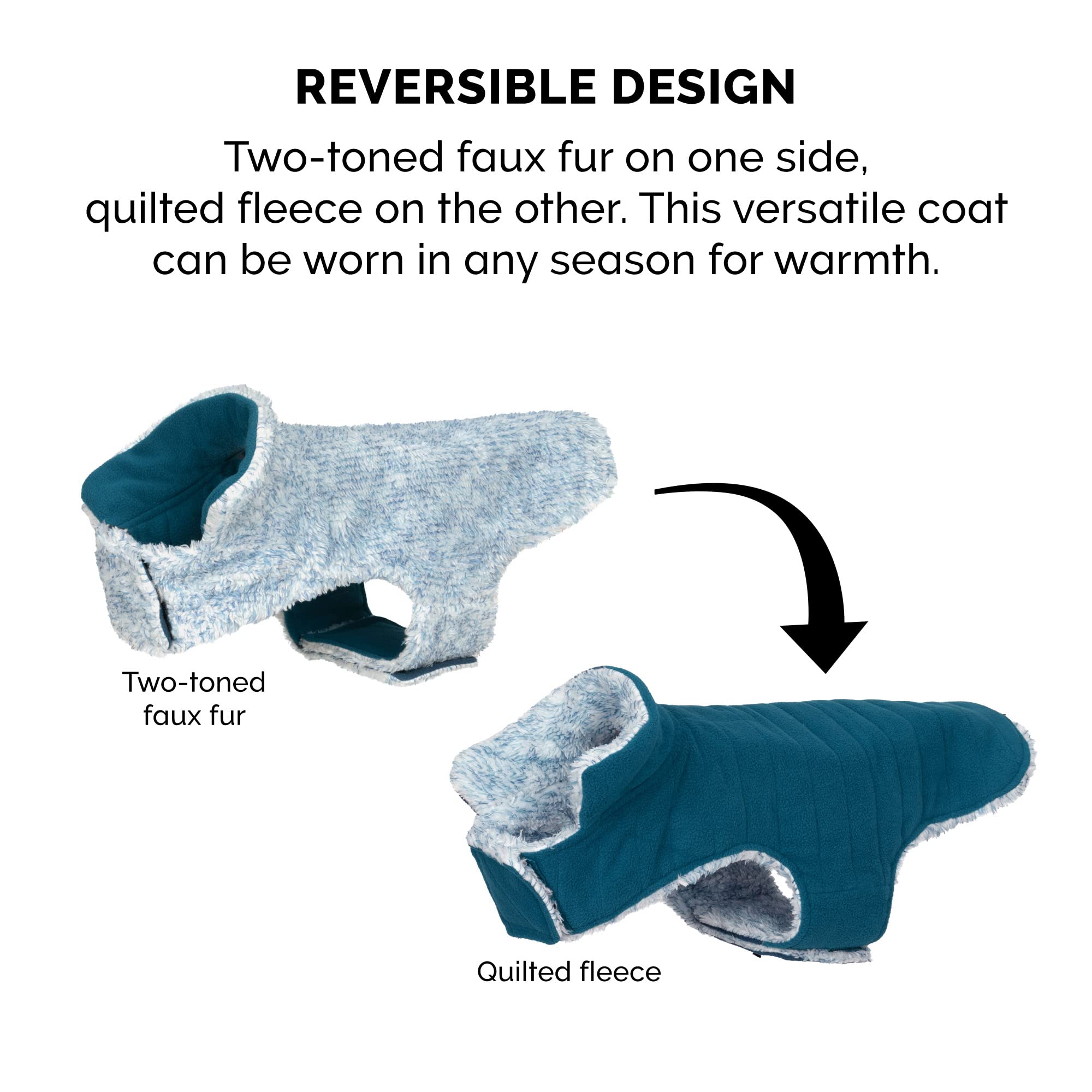 Furhaven Small Dog Coat - Reversible, Washable, Insulating, Marine Blue, Faux Fur & Quilted Fleece, Model 212419