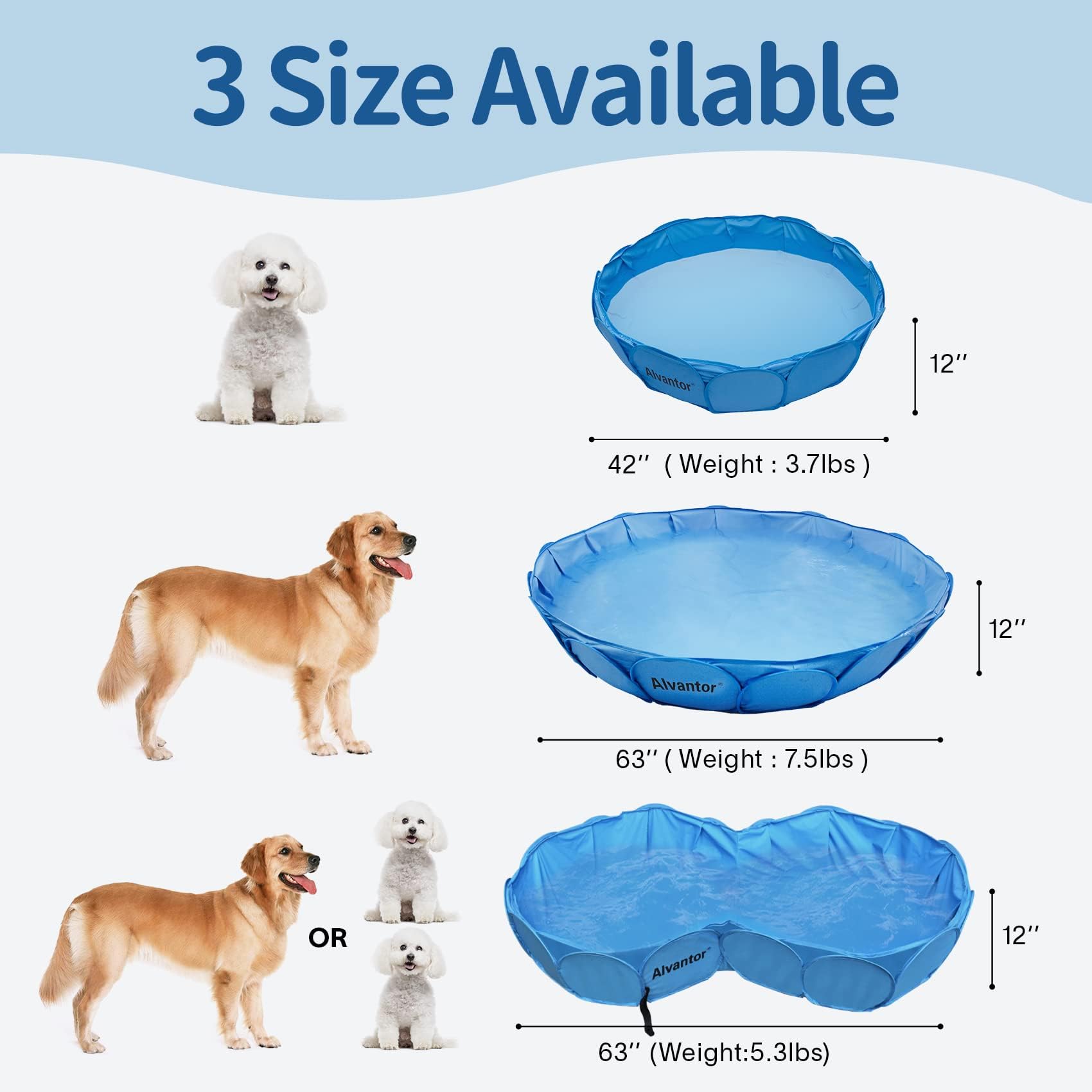 Alvantor Pet Double Swimming Pool Bathing Tub, 63"x35"x12", Blue, Durable PVC, Foldable Indoor/Outdoor, Model 2100D