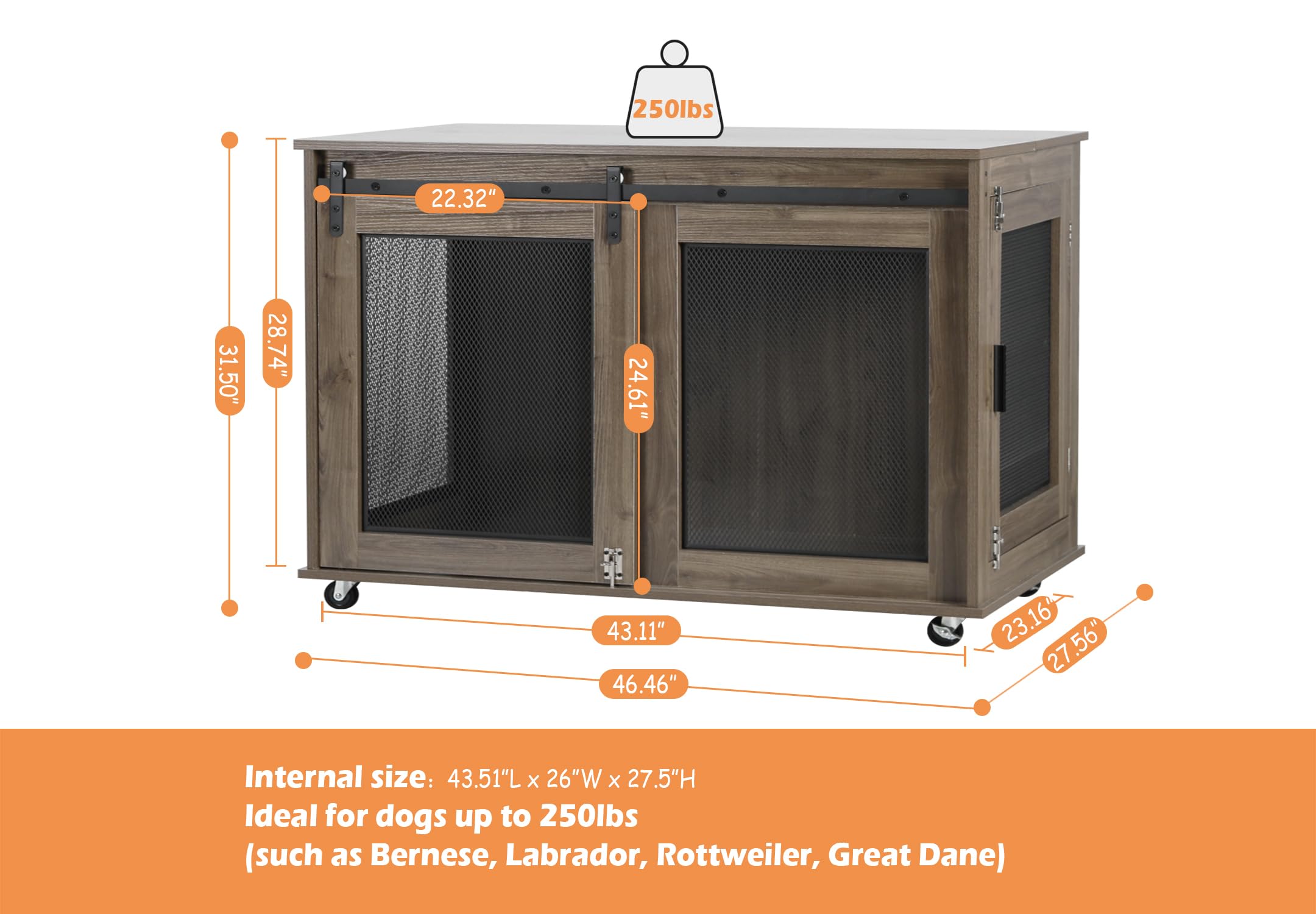 LINLUX 47" XL Dog Crate - Heavy Duty Wooden Kennel, Brown, Engineered Wood, Model BFGLX448GE, with Sliding Doors and Wheels