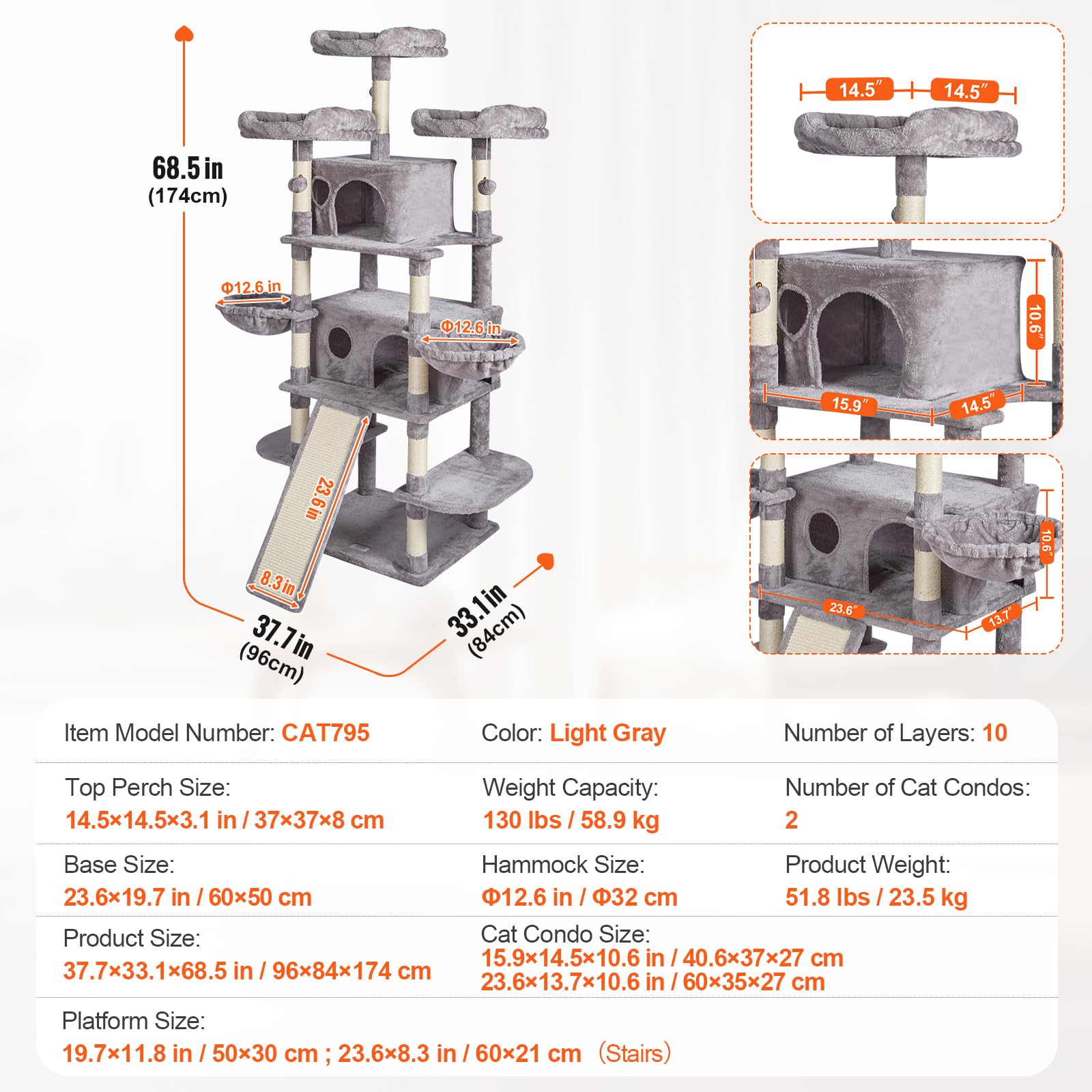 VEVOR Cat Tree 68.5 Cat Tower for Indoor Cats with Cat Condos Scratching Post