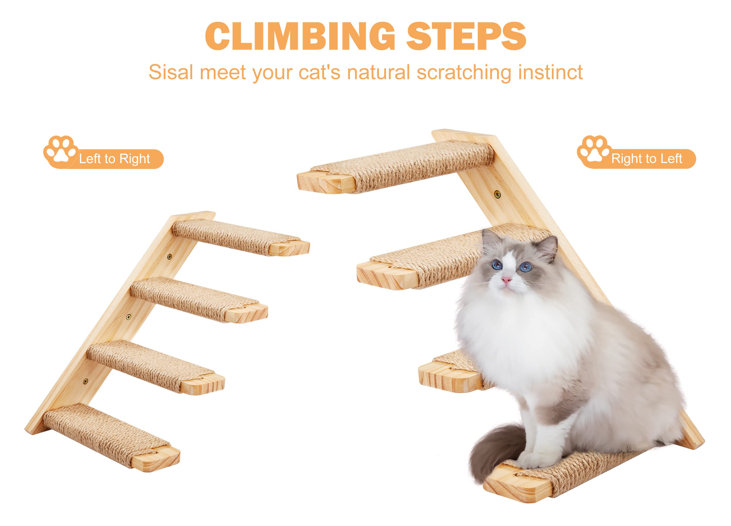 Cat Climbing Shelves Wall Mounted 2Pcs Four Cat Steps Reversible Left & Right Direction, Cat Shelf Stairway For Wall With Jute Scratching Ladder Cat Wall Shelves Furniture For Perch Sleeping