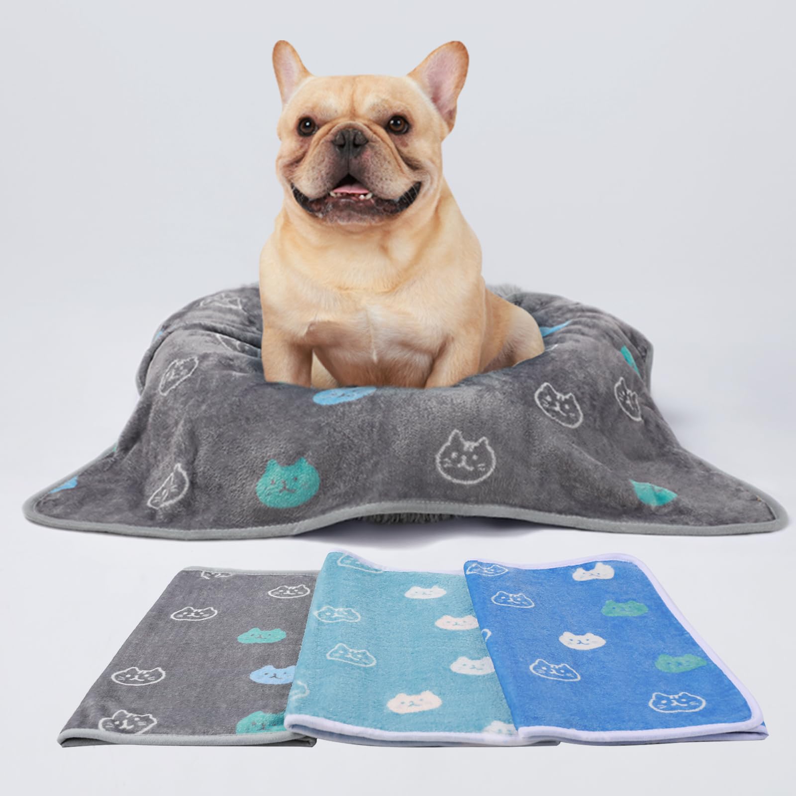 1 Pack 3 Blankets Super Soft Fluffy Premium Cute Cat Pattern Pet Blanket Flannel Throw for Dog Puppy Kitten Blue/Cyan/Grey Mediu