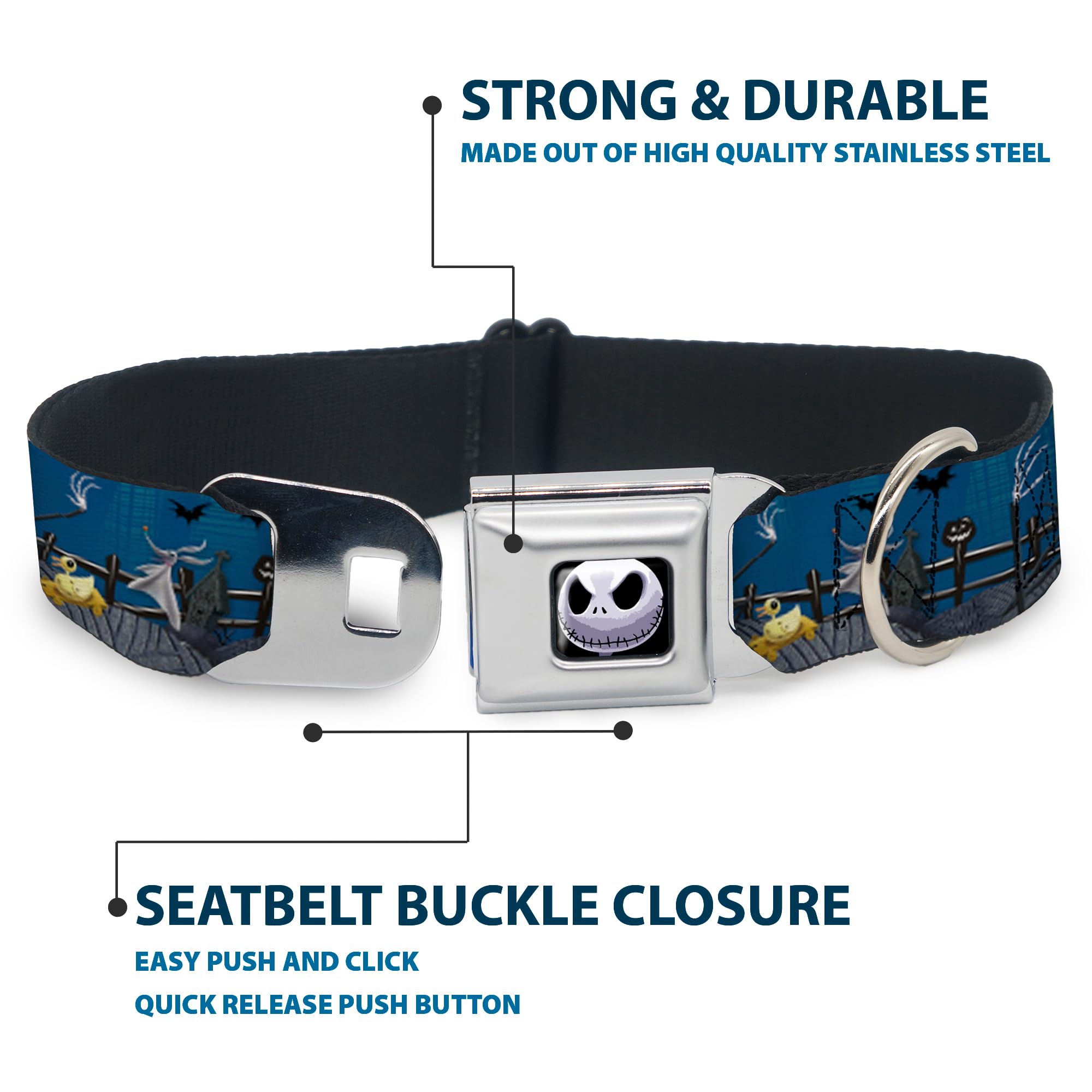 Buckle-Down Dog Collar Seatbelt Buckle Nightmare Before Christmas Jack Zombie Duck Zero Cemetery, Multicolor, 1.5' Wide - Fits