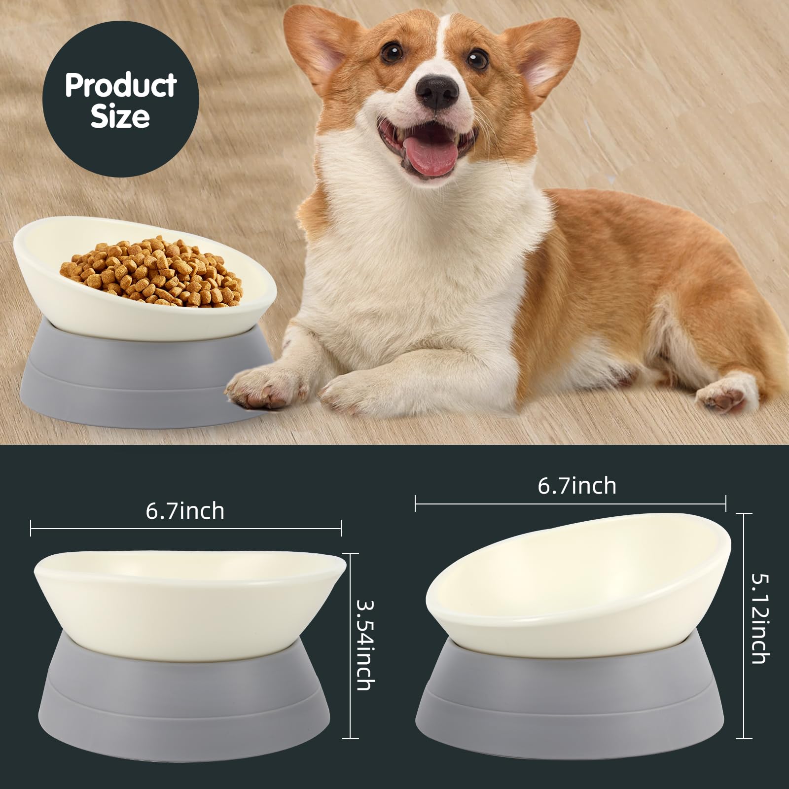 Jwpc Bulldog Bowl Anti-Slip Dog Cat Dish Detachable Rubber Dog Bowl Pet Sterile Tilted Pet Feeder Slope Base (Grey-2 Cup)