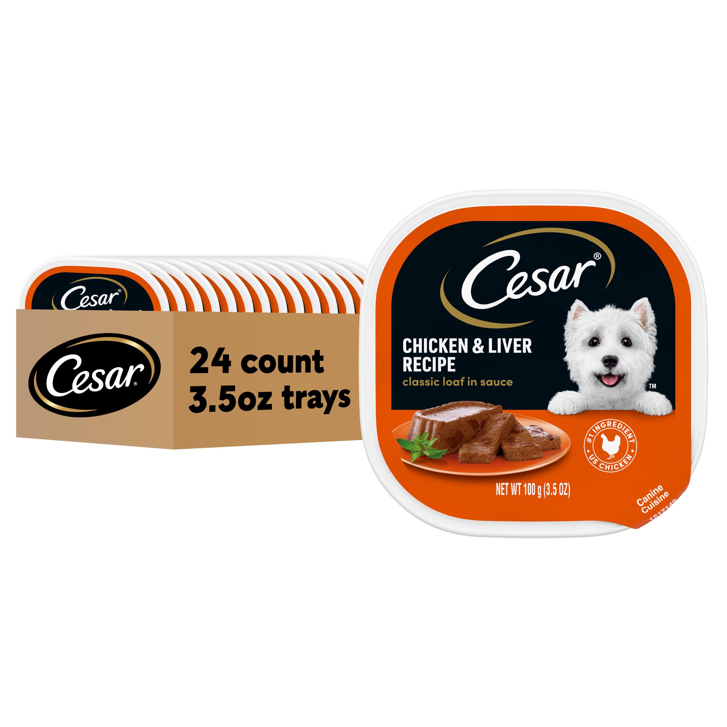 Cesar Wet Dog Food Classic Loaf in Sauce Chicken & Liver Recipe, 3.5 oz. Easy Peel Trays (24 Count, Pack of 1)