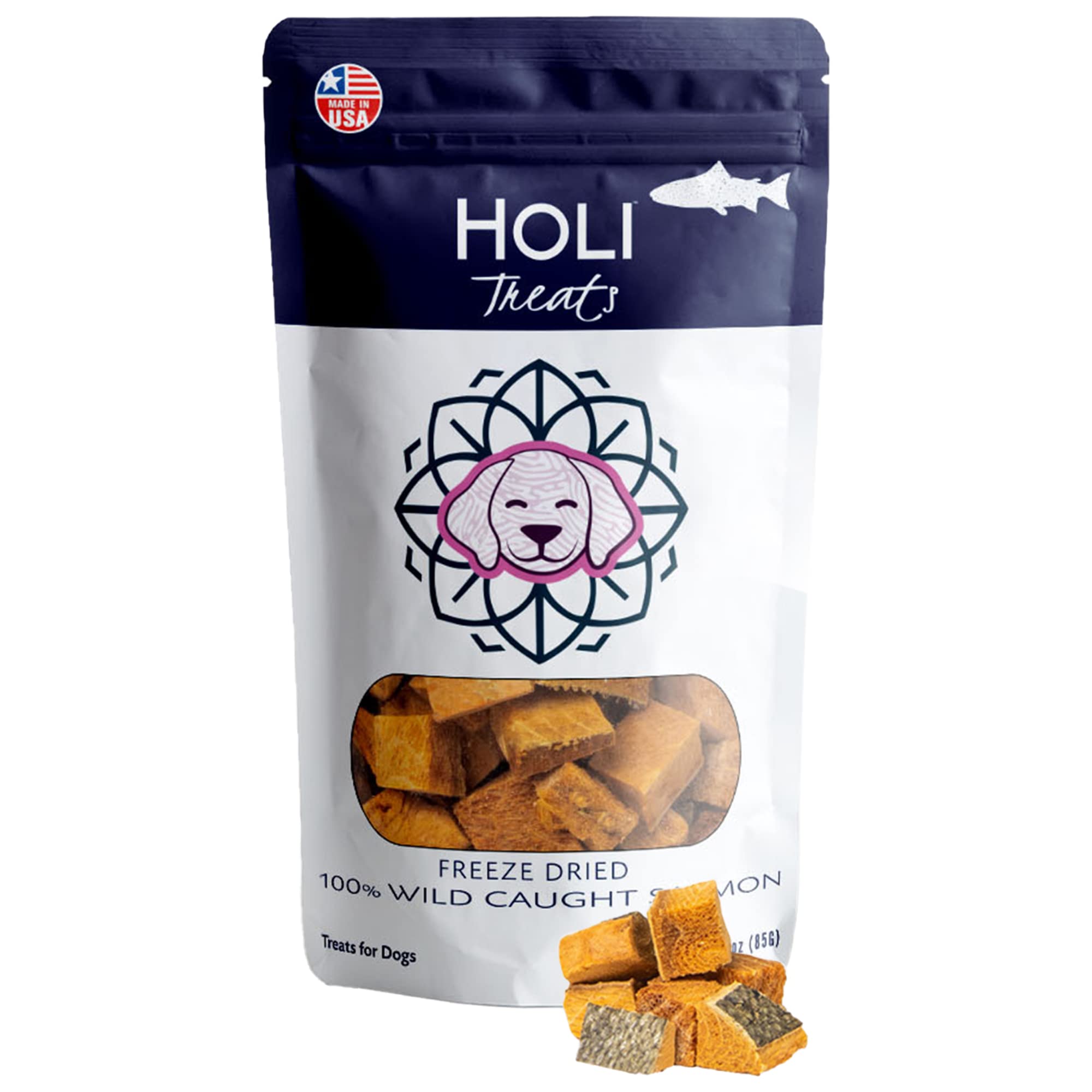 HOLI Freeze Dried Salmon Dog Treats - with Omega 3 and 6 Fish Oil - All Natural Dog Treats - Human Grade - Wild Caught Skin on S