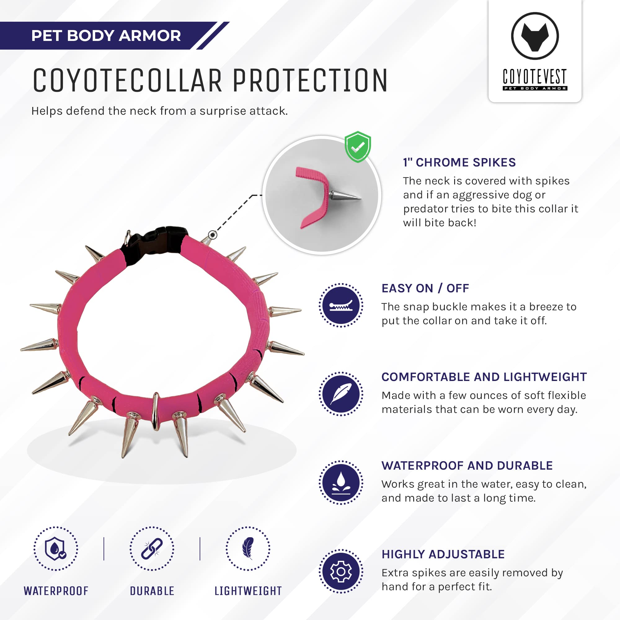 CoyoteVest Spiked Dog Collar - Adjustable Large Pink Nylon Collar for Protection Against Coyotes and Aggressive Dogs, Model CV-105-L-PK