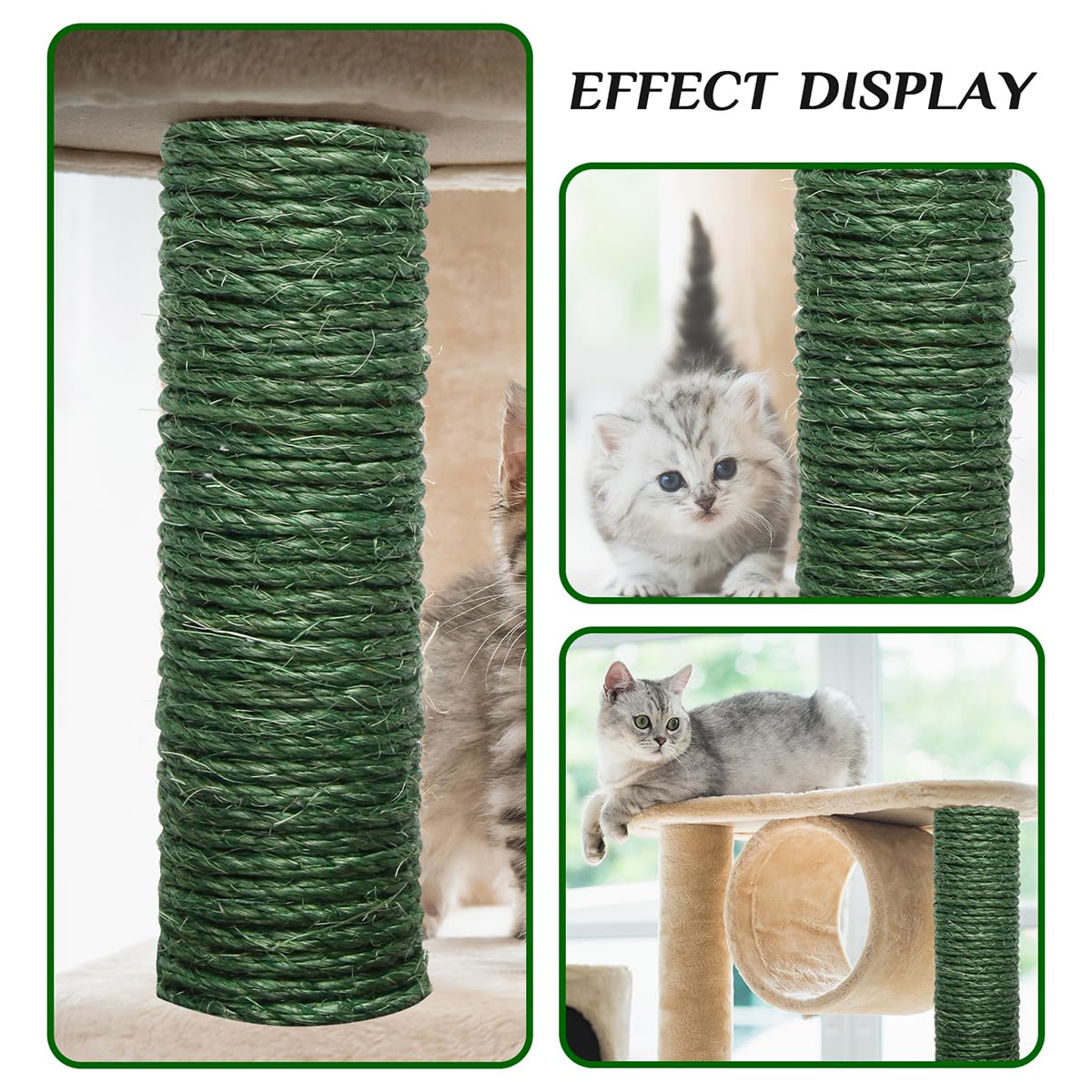 Juomid Green Sisal Rope for Cat Scratching Posts, 1/4 Inch x 164 Feet, Durable DIY Twine for Kittens and Furniture Repair