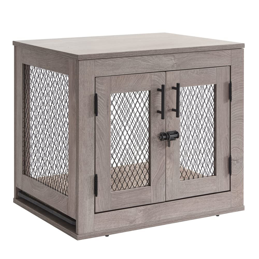 Unipaws Furniture Style Dog Crate With Cushion And Tray, Mesh Dog Kennels With Double Doors, End Table Dog House, Medium And Large Crate Indoor Use (Small, Grey)