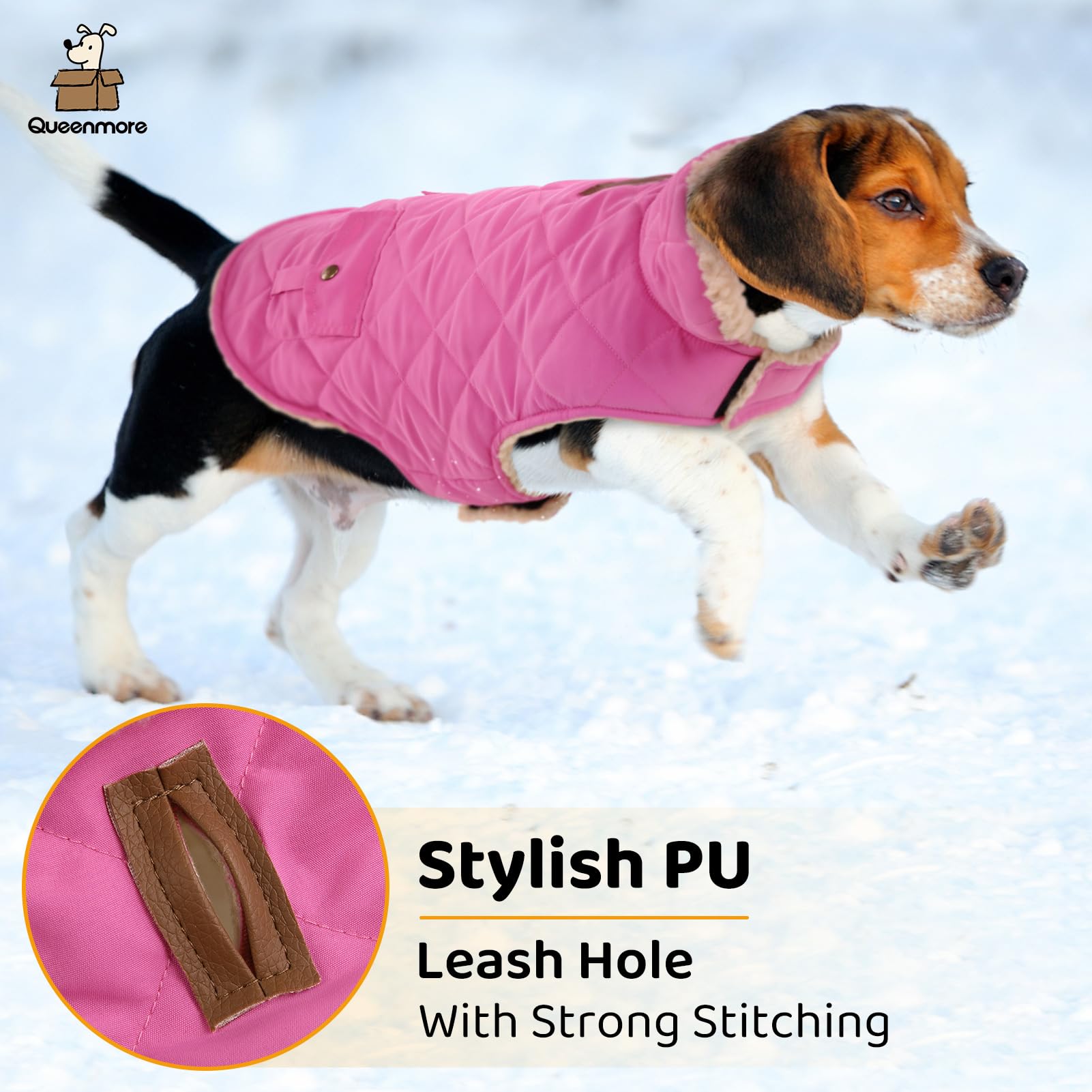 Queenmore Dog Winter Coat - Waterproof Fleece Jacket, Medium, Pink, Model 1067-QM-13488, Thick Warm Padding, Easy On Storage Pockets