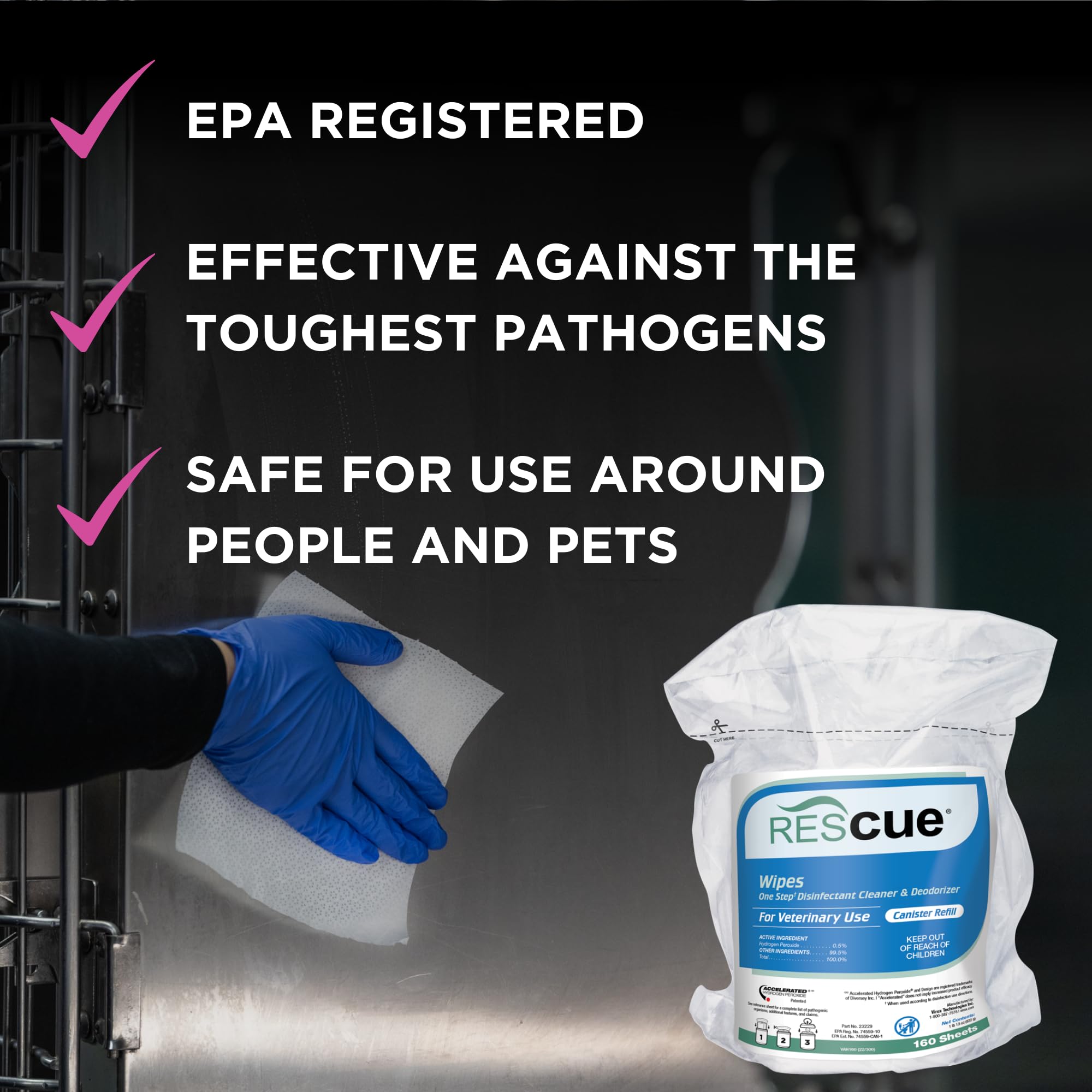 REScue One-Step Disinfectant Cleaner & Deodorizer Wipes for Vet Use - Cleaner for Kennels, Litter Boxes, Vet Offices, Pet Groomi