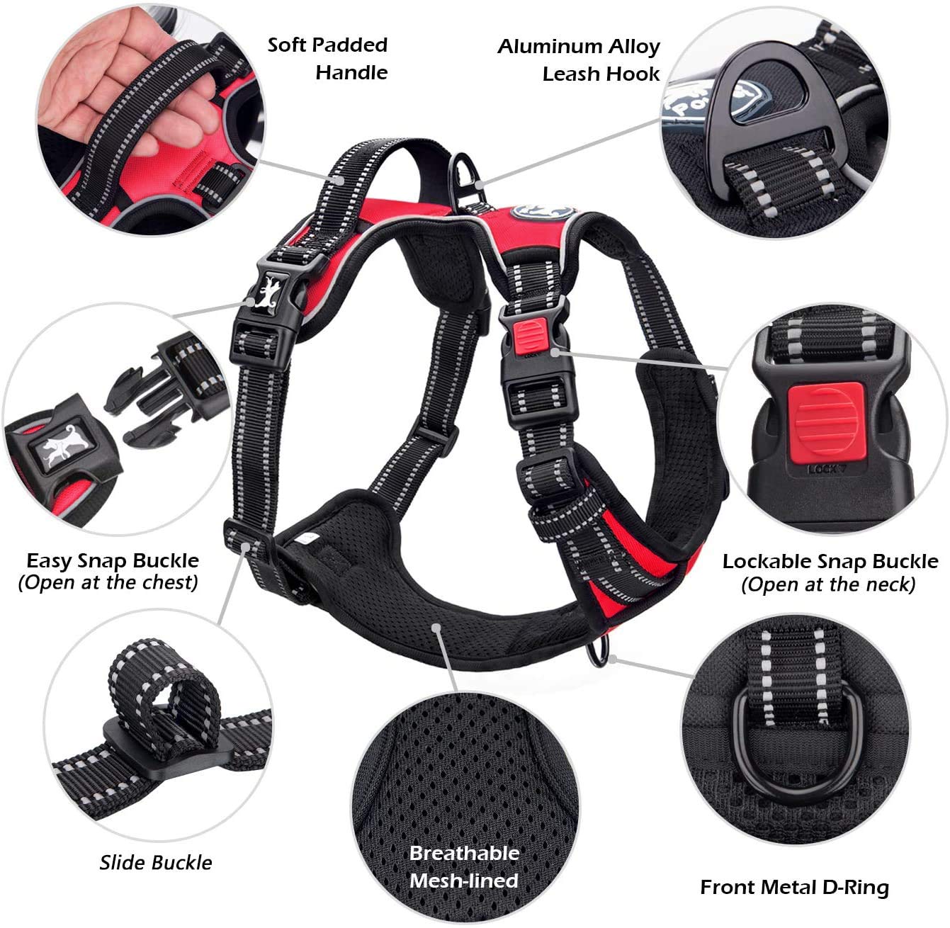 Poypet No Pull Dog Harness, No Choke Front Clip Dog Reflective Harness, Adjustable Soft Padded Pet Vest With Easy Control Handle For Small To Large Dogs(Red,M)