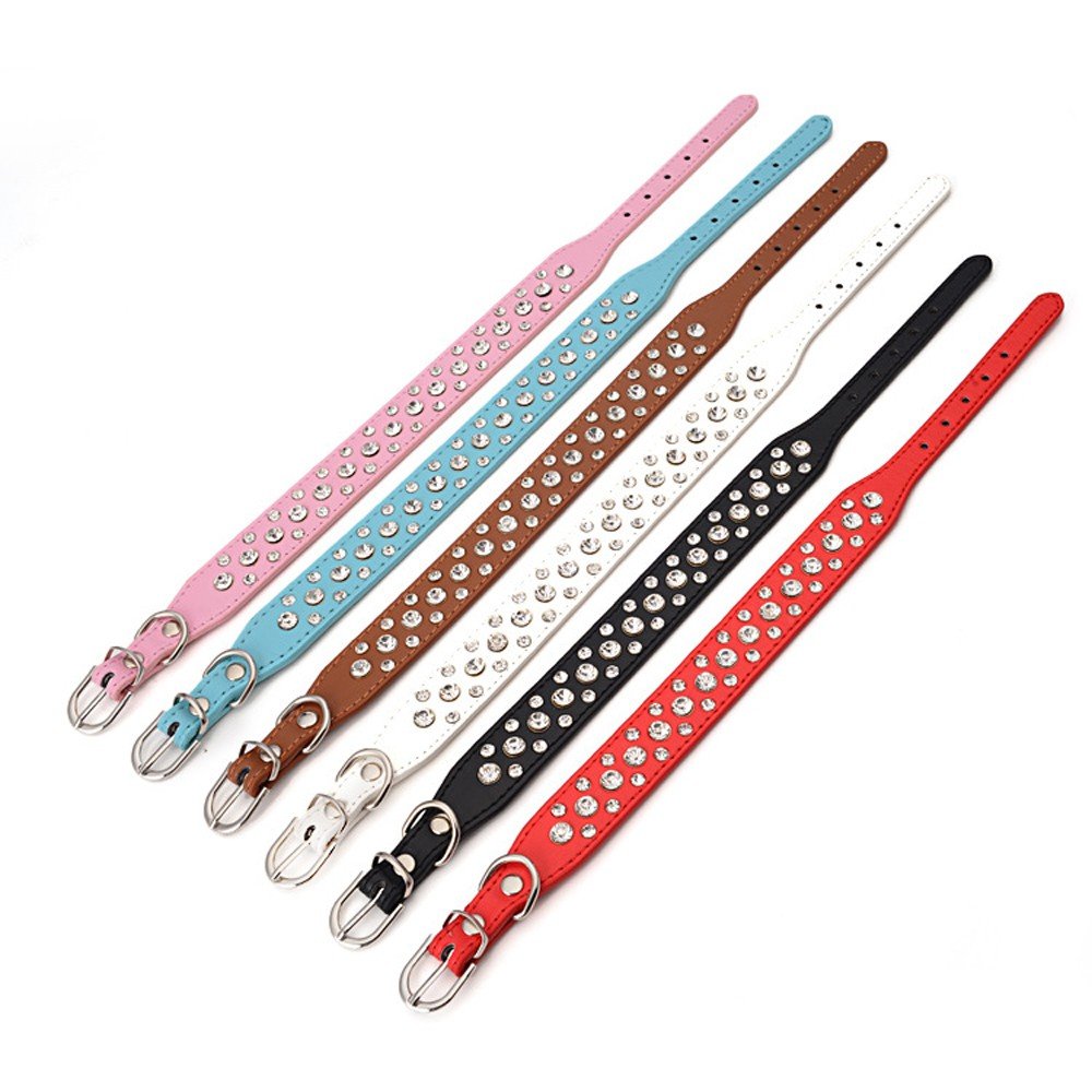 Dogs Kingdom 12-20 Length Personalized Rhinestone Leather Bling Crystal Pet Dog Cat Collars For Small Medium Breeds Brown S
