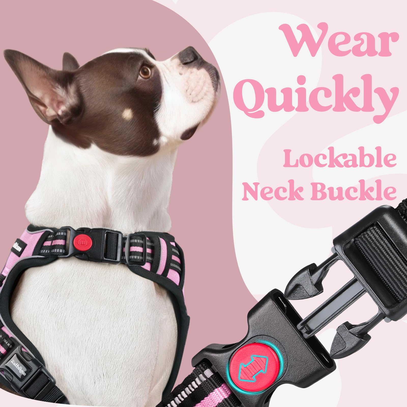 Rabbitgoo Dog Harness For Large, No Pull Pet Harness With 3 Buckles, Adjustable Soft Padded Pooch Vest With Instant Control Handle, Easy Walking Reflective Pet Vest For Large Dogs, Pink, L