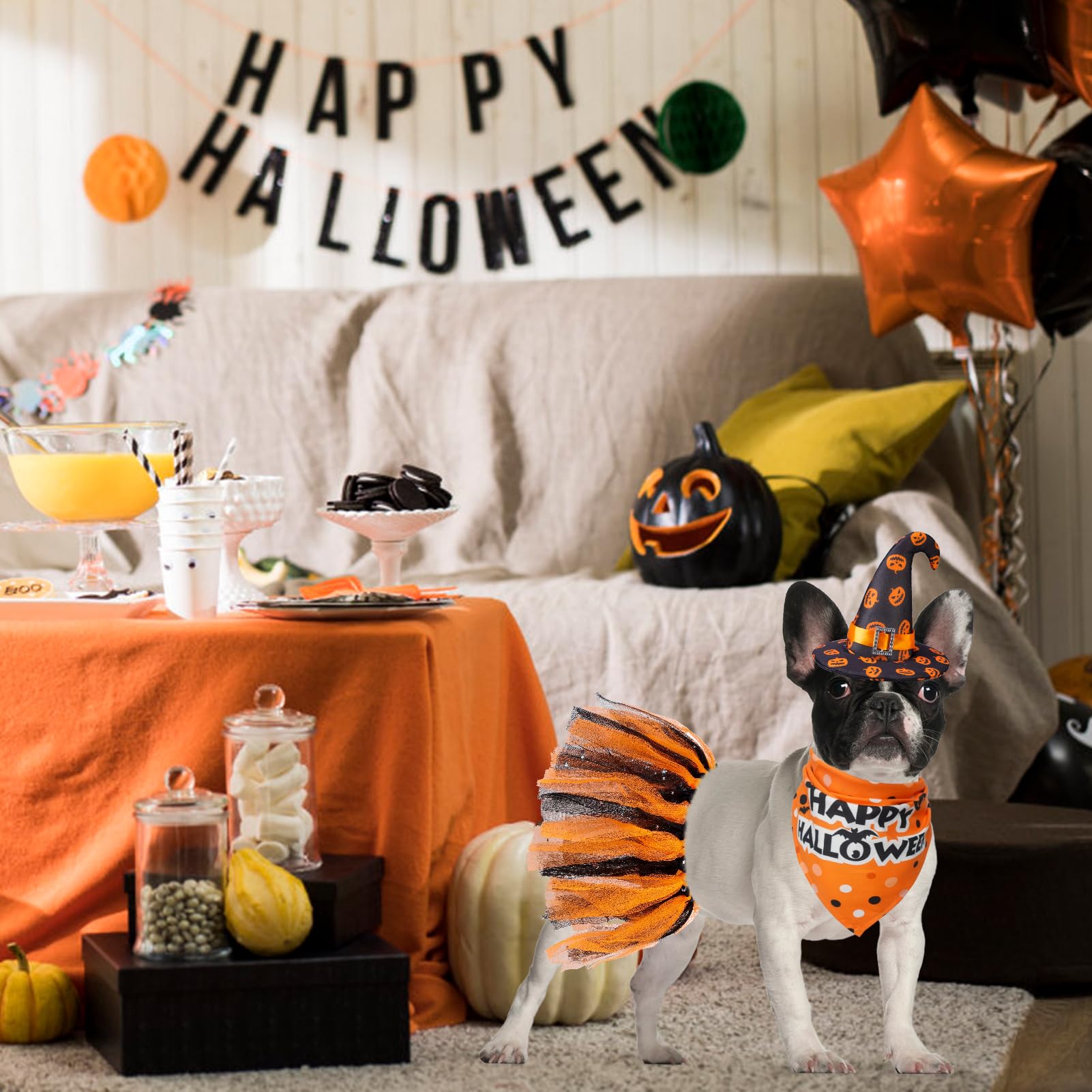 Scenereal Small Dog Halloween Costumes, Bandana Hat Dress Set, 3Pcs Puppy Party Supplies, Soft Triangle Scarf, Cute Tutu Skirt Outfit For Girl Boy Pet
