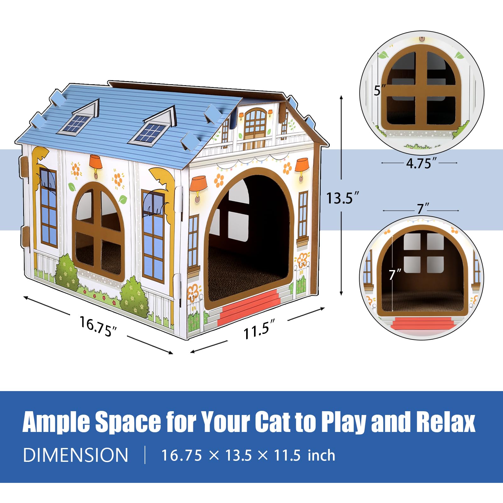 Sekam Cardboard Cat House With Scratcher/Catnip, (16.5''L X 12''W X 13''H) Cat Play House For Indoor Cats, Cat Scratching Toy, Cat Hideaway Furniture For Cat Birthday, Hideout For Bunny Small Animals