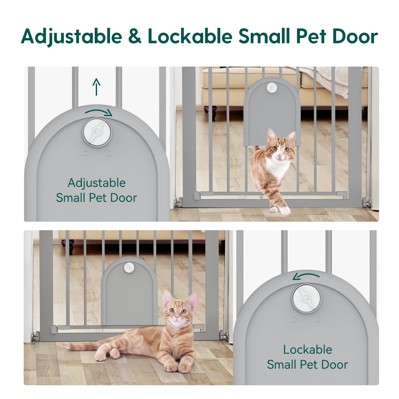 BABELIO Auto Close Baby Gate with Cat Door, 29-43" Wide, 30" Tall, Gray, Alloy Steel, Model CB-M-101