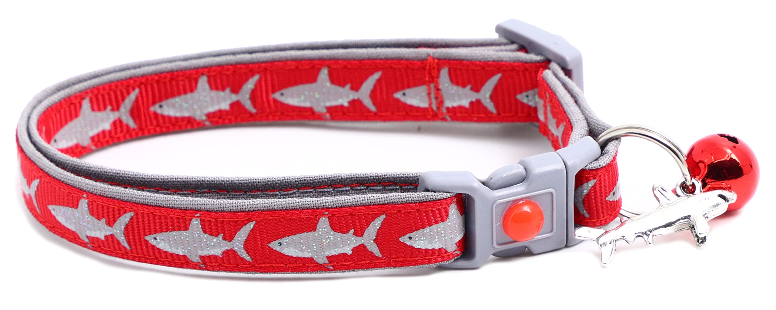 Great White Shark Cat Collar - Safety - Breakaway - Charm And Bell - Pugs2Persians (Large(10Lbs & Up), Red)
