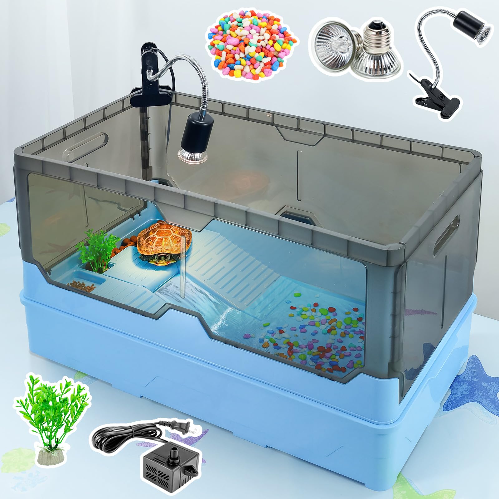 Runduck Turtle Habitat Tank Kit Fresh Filtration, Heat Lamp, Diverse Living, Waterplay Fun, Water Pump And Convenient Water Chan