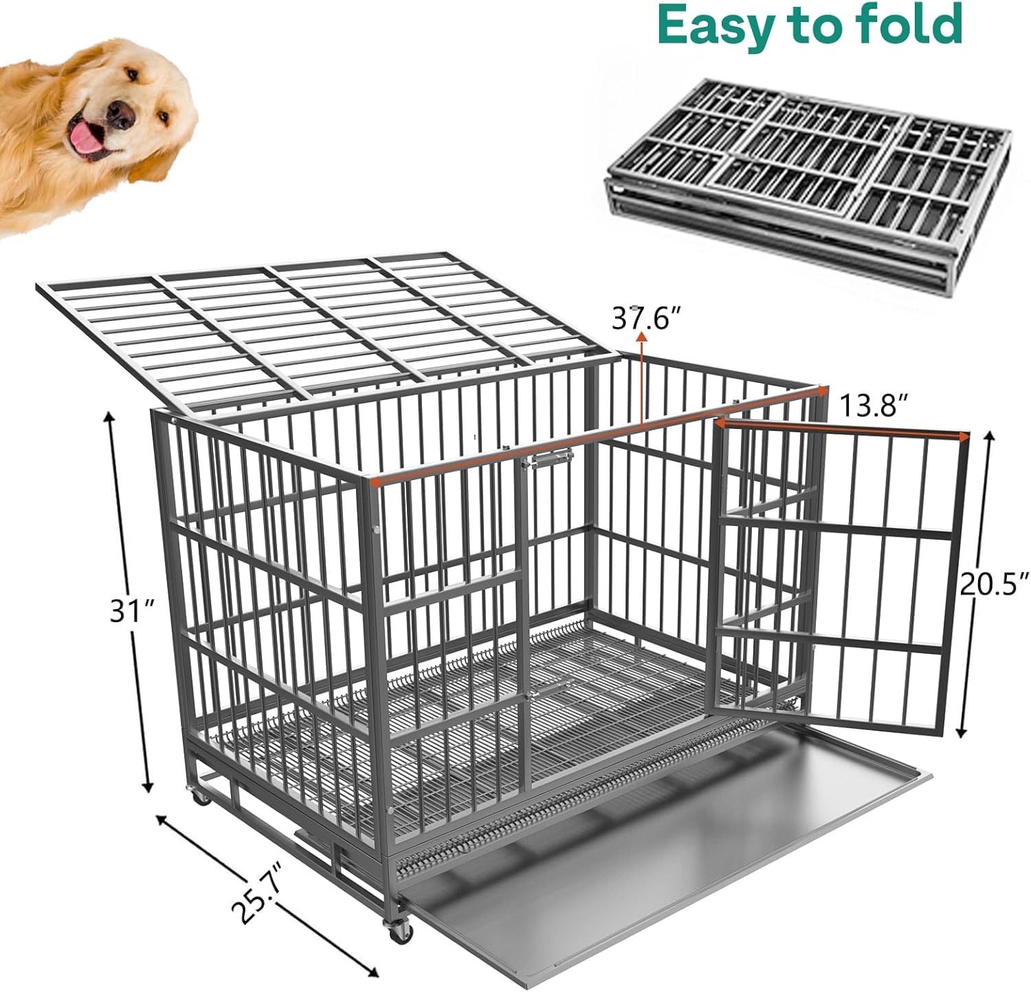 Oranland 38 Inch Heavy Duty Indestructible Dog Kennel With Wheels, High Anxiety Kennel, Sturdy Locks Design, Double Door And Rem