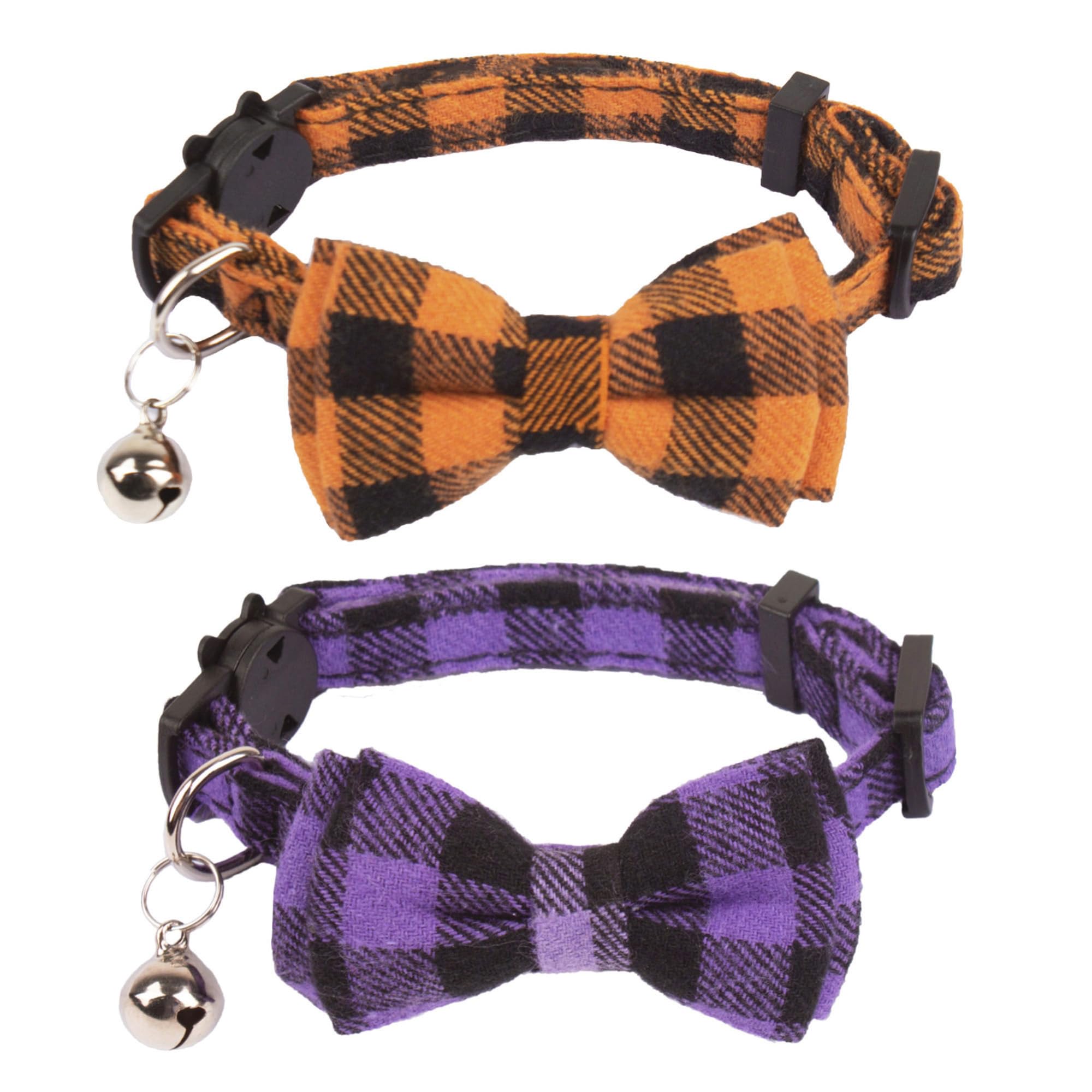 Adoggygo Halloween Cat Collars Breakaway With Removable Bow Tie, 2 Pack Orange Purple Plaid Cat Halloween Bow Collar With Bell For Cats Kittens (Orange&Purple-1)