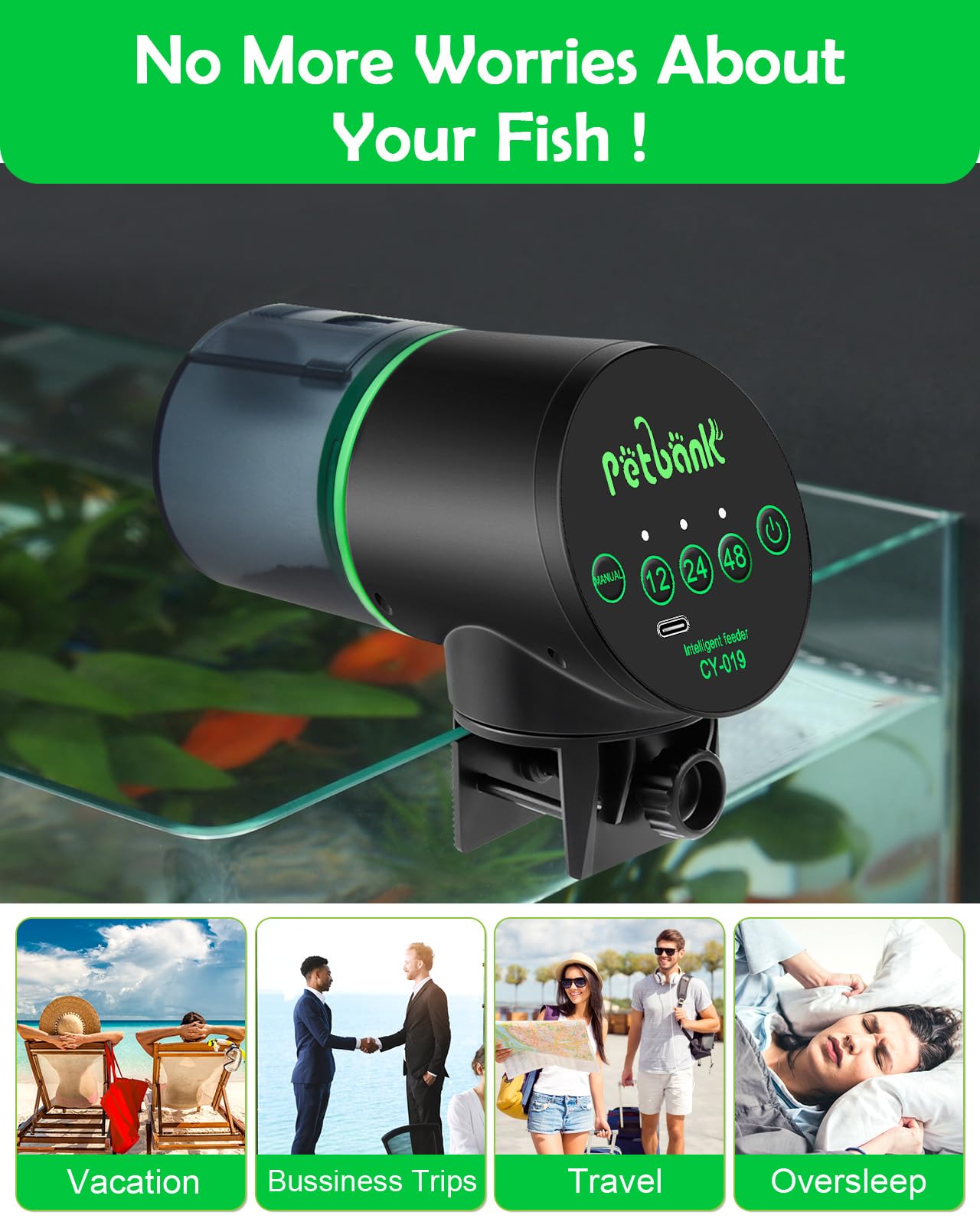 Petbank Automatic Fish Feeder - Rechargeable Fish Food Dispenser for Small & Large Tanks, USB Charger, 12/24/48H Timer, Black, Model CY-009