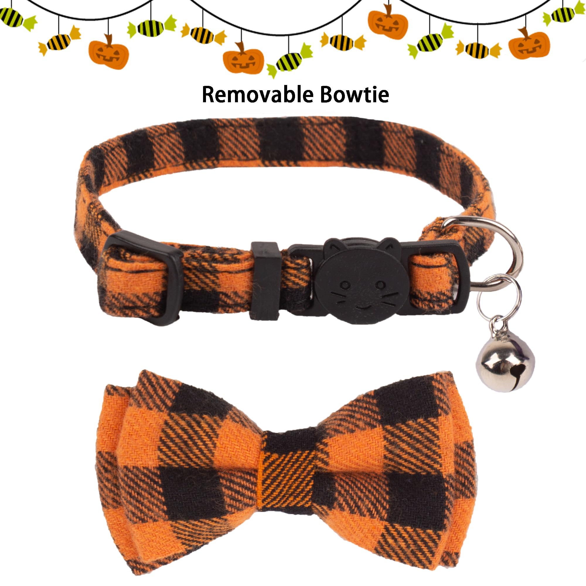 Adoggygo Halloween Cat Collars Breakaway With Removable Bow Tie, 2 Pack Orange Purple Plaid Cat Halloween Bow Collar With Bell For Cats Kittens (Orange&Purple-1)