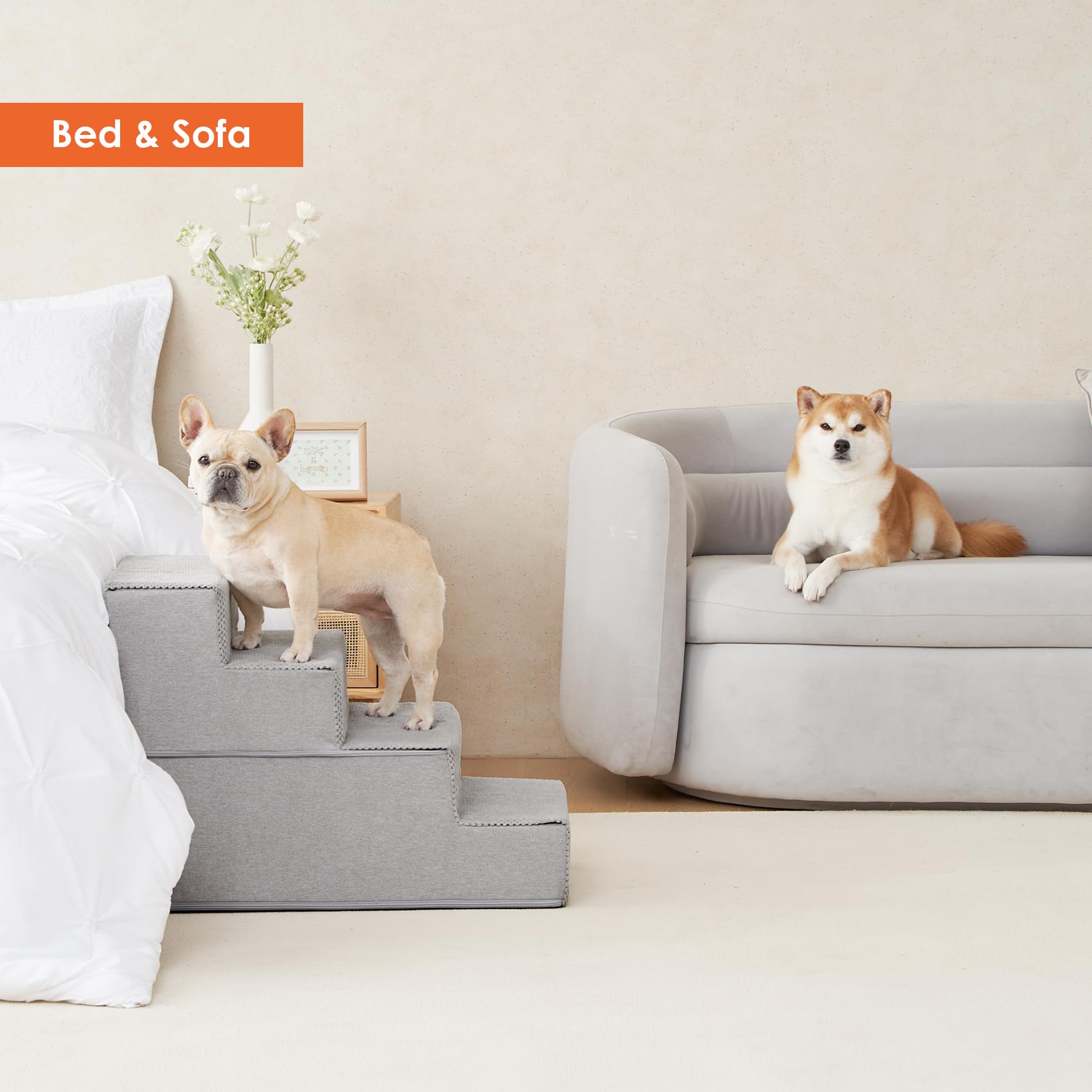 Eheyciga Dog Stairs For Bed 20”H, 4-Step Extra Wide Dog Steps For High Bed, Pet Steps For Small Dogs And Cats, Non-Slip Balanced Dog Indoor Ramp, Light Grey