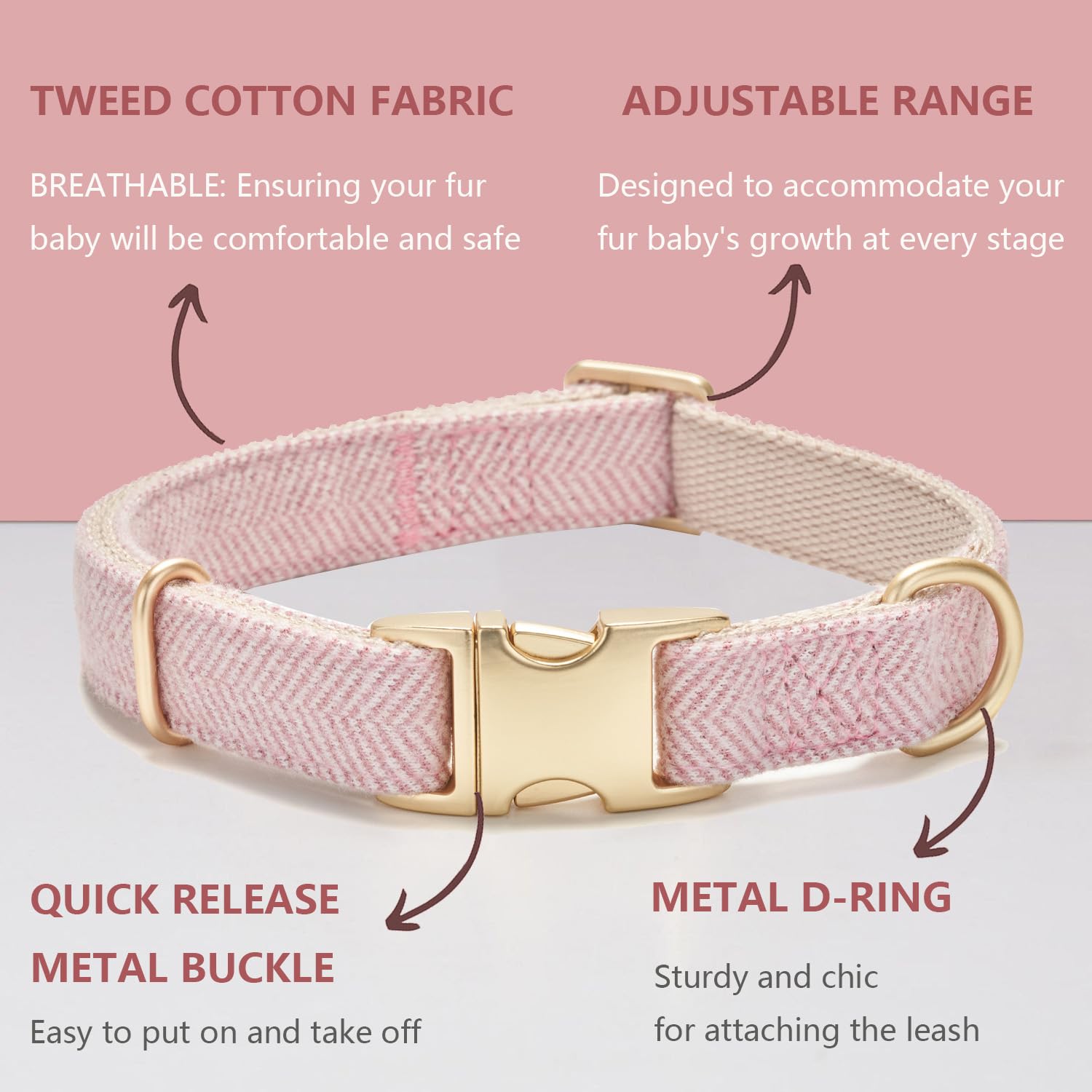 YUDOTE Soft Cotton Hemp Dog Collar with Metal Buckle Adjustable Tweed Dog Collars for Female Small Medium Large Dogs(Pink,Small)