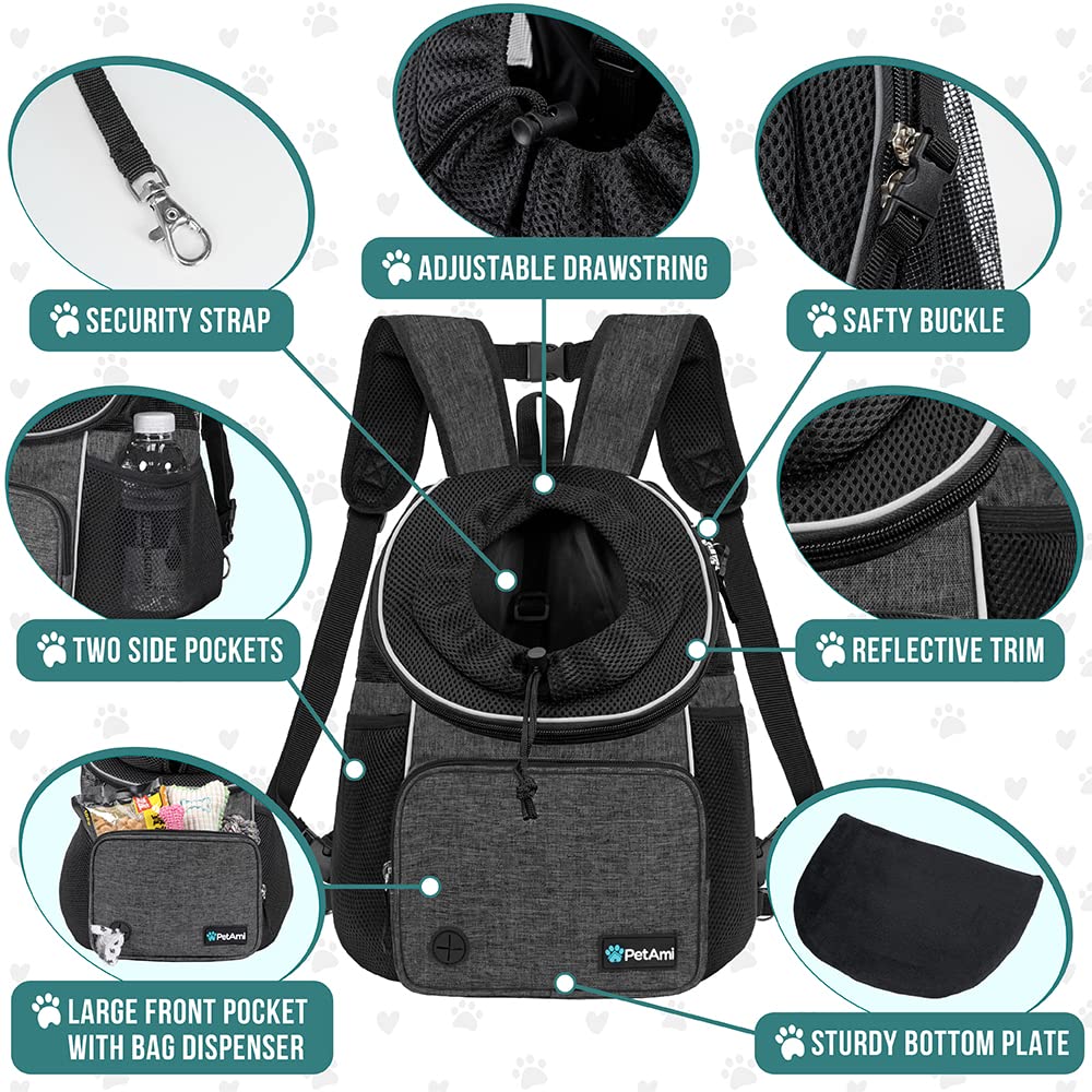 Petami Dog Front Carrier Backpack, Adjustable Dog Pet Cat Chest Carrier Backpack, Ventilated Dog Carrier For Hiking Camping Travel, Small Medium Dog Puppy Large Cat Carrying Bag, Max 15 Lbs, Dark Gray