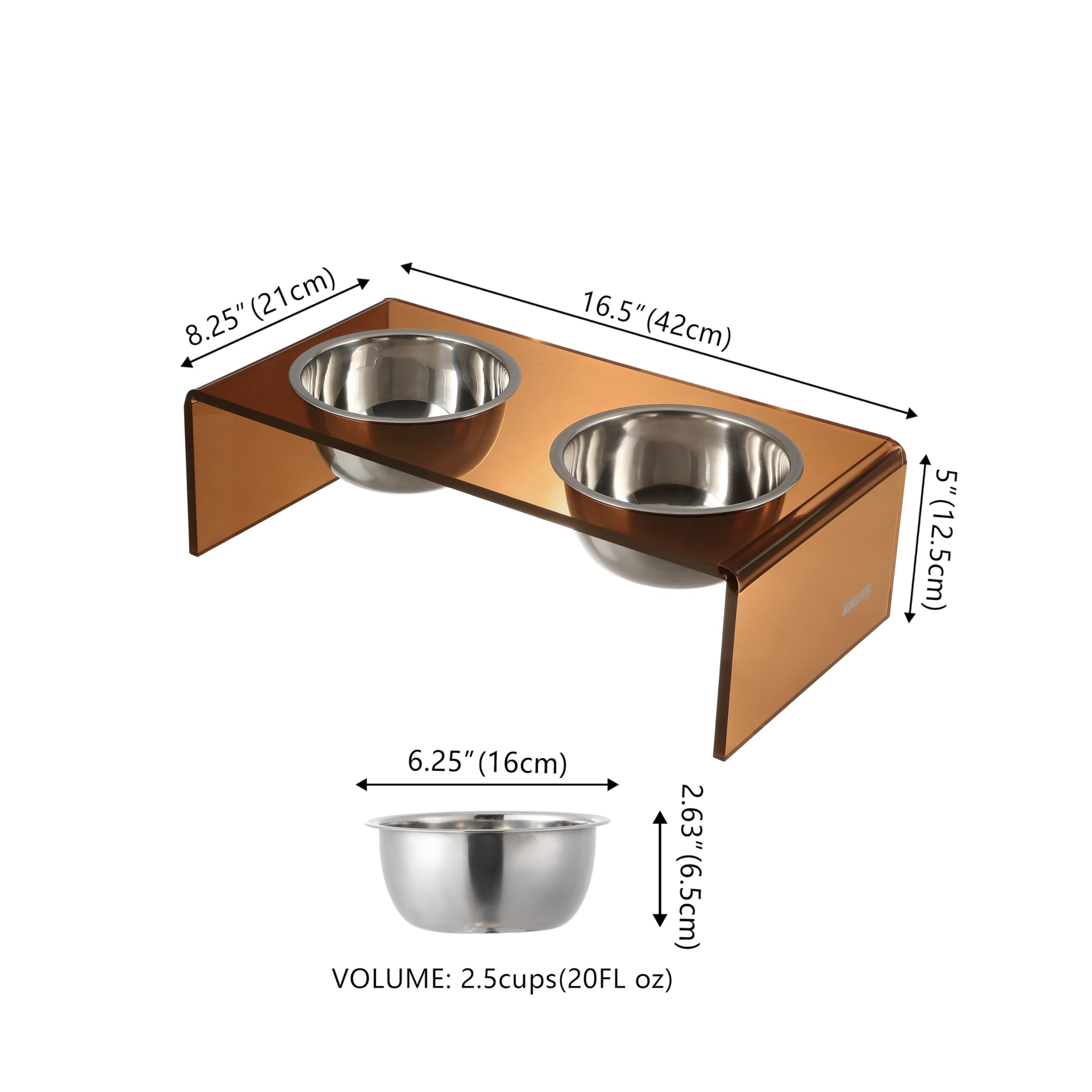 The LICKER Store DBL2000D Keaton 5 Small/Medium Modern Acrylic Rectangular Elevated Pet Feeder with 20oz 2-Stainless Steel Bowls