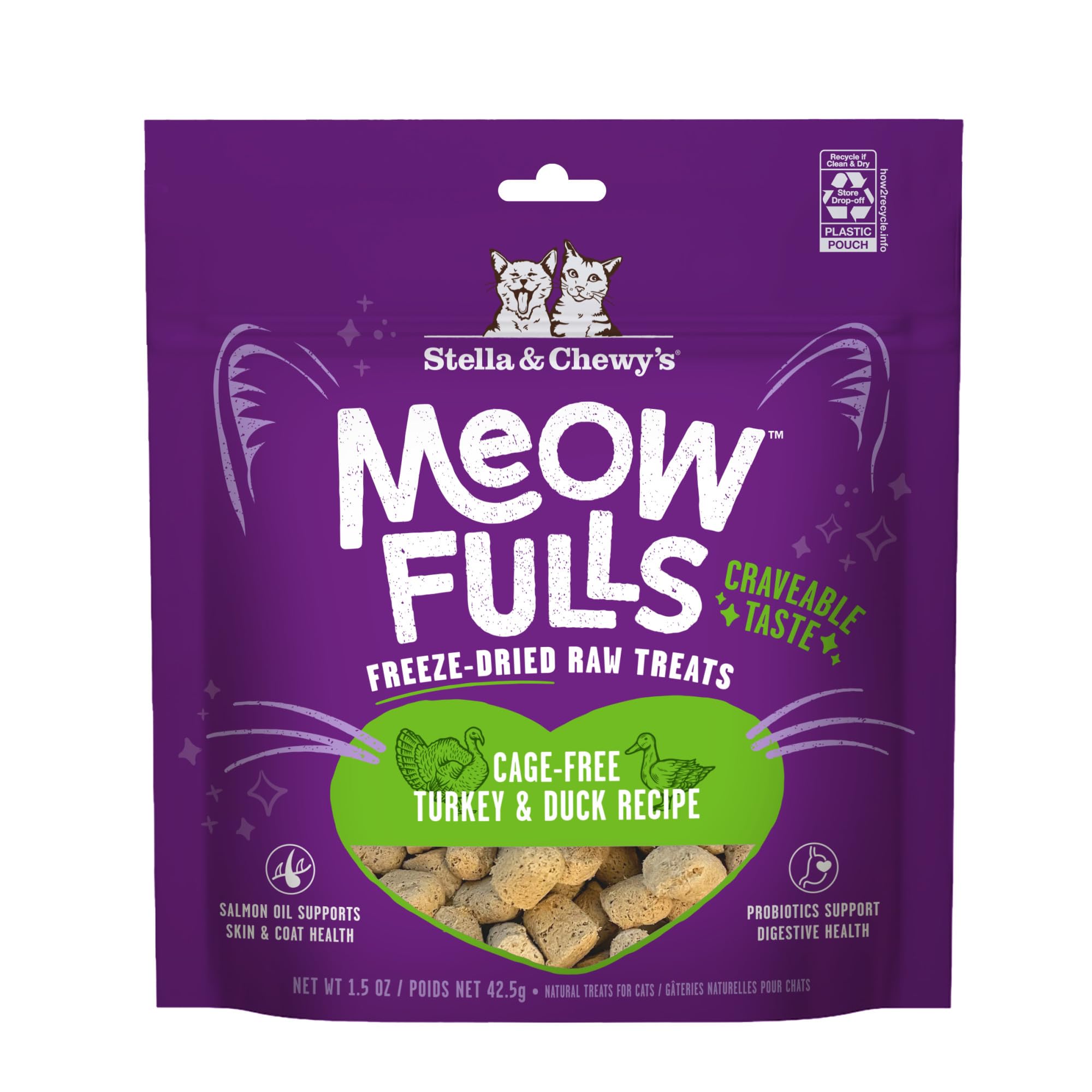 Stella & Chewys Meowfulls Freeze Dried Cat Treats - Turkey & Duck Recipe - Raw Protein with Probiotics & Salmon Oil - 1 Calorie