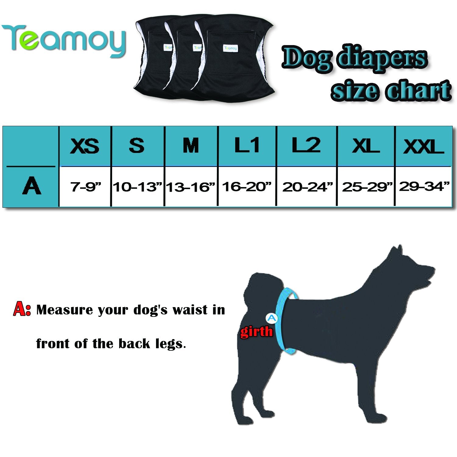 Teamoy 3 Pack Male Dog Diaper Wrap, Washable Puppy Belly Bands, Super-Absorbent and Comfortable(XL,25''-29''Waist, Black)