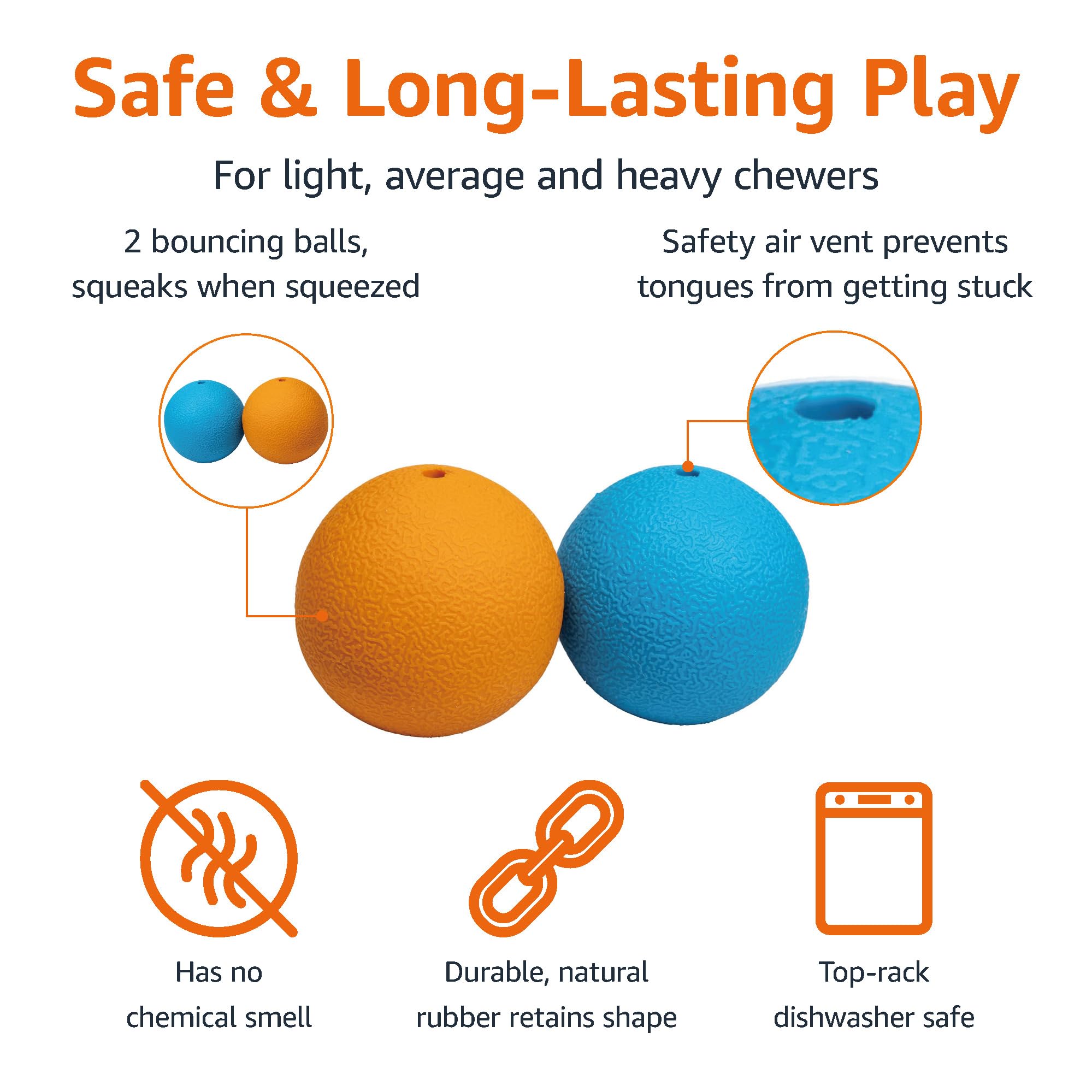 Amazon Basics Squeaker Toy Dog Balls, 3-Inch, 2-Pack, Blue, Orange
